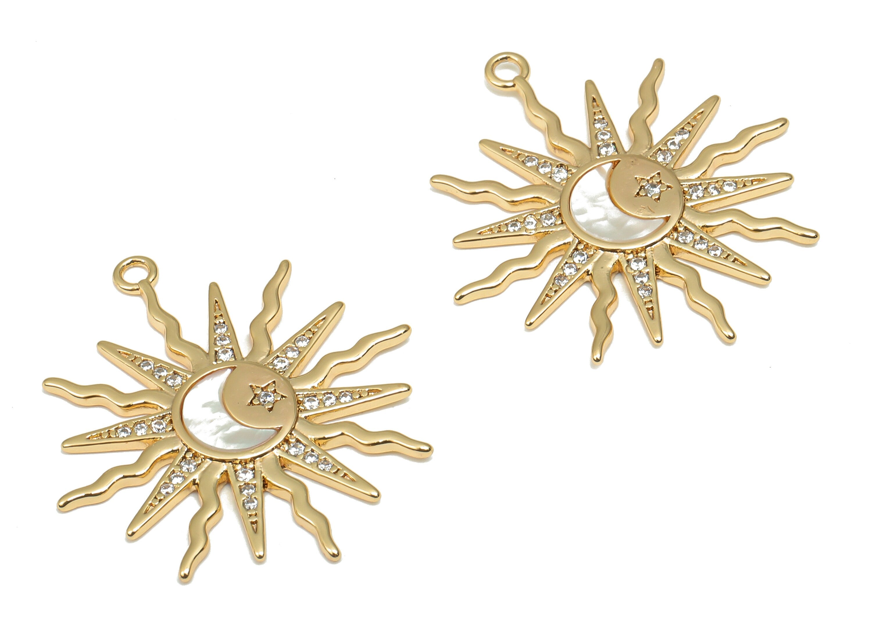 Brass Crescent Star Sun Shell Earring Charm With Zircon - Mother of Pearl Pendant - CZ Paved Celestial - 26.26x23.93x1.58mm - RGP4705 - DOMEDBAZAAR