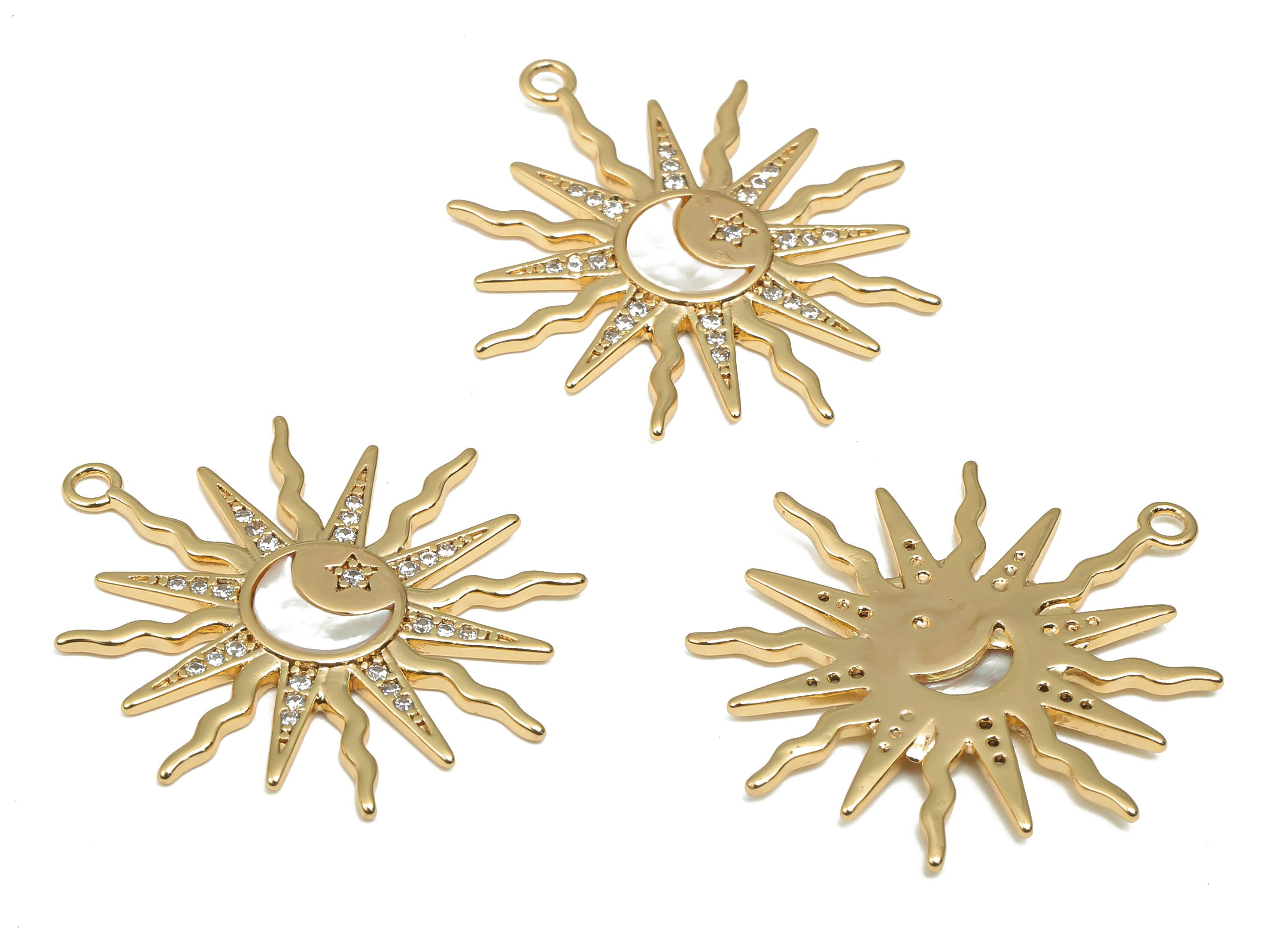 Brass Crescent Star Sun Shell Earring Charm With Zircon - Mother of Pearl Pendant - CZ Paved Celestial - 26.26x23.93x1.58mm - RGP4705 - DOMEDBAZAAR