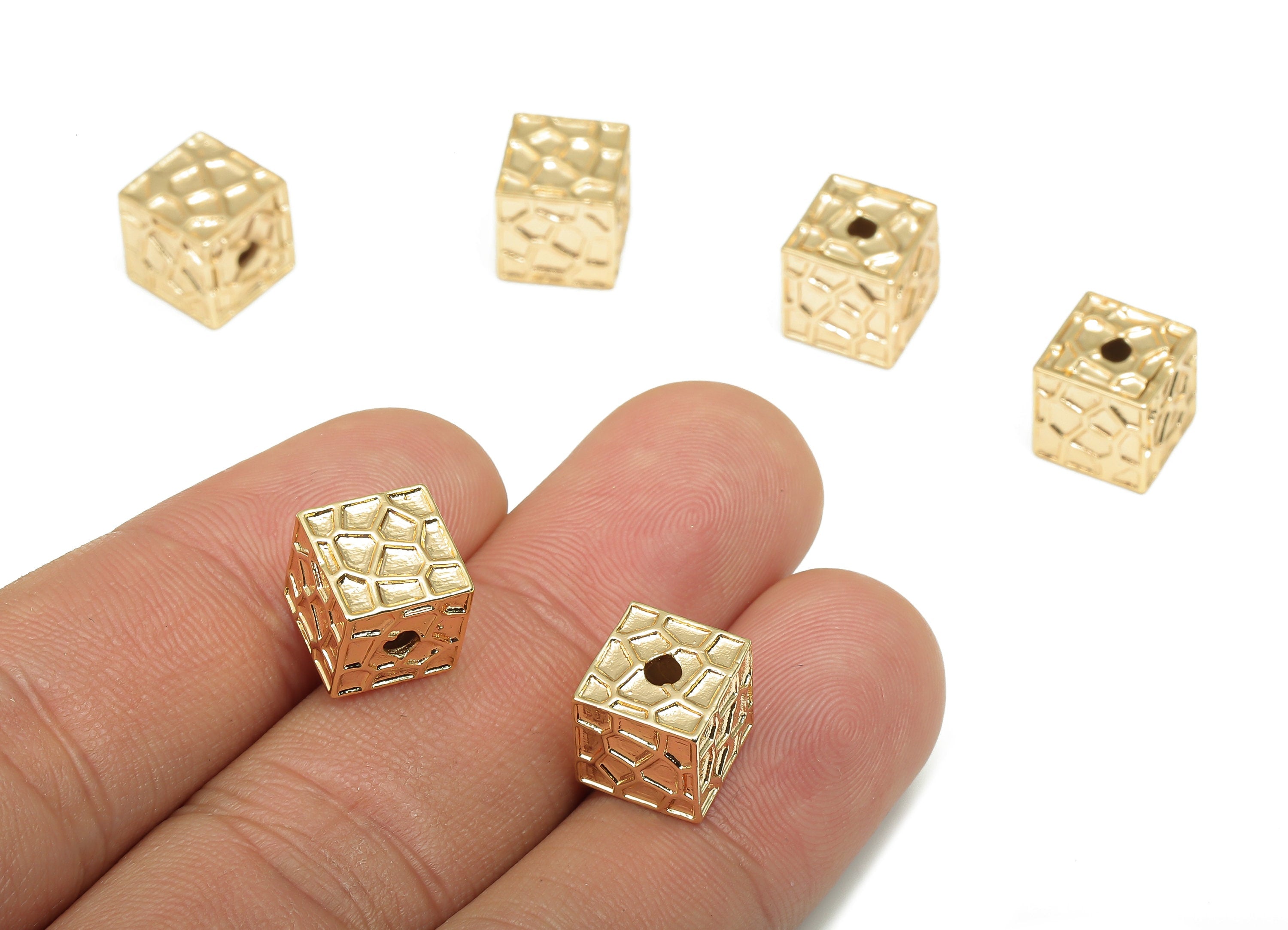 Brass Cube Earring Charms - Textured Cube Spacer Beads - 18K Real Gold Plated Brass Bracelet - 9.58x9.58x9.58mm - RGP4710 - DOMEDBAZAAR