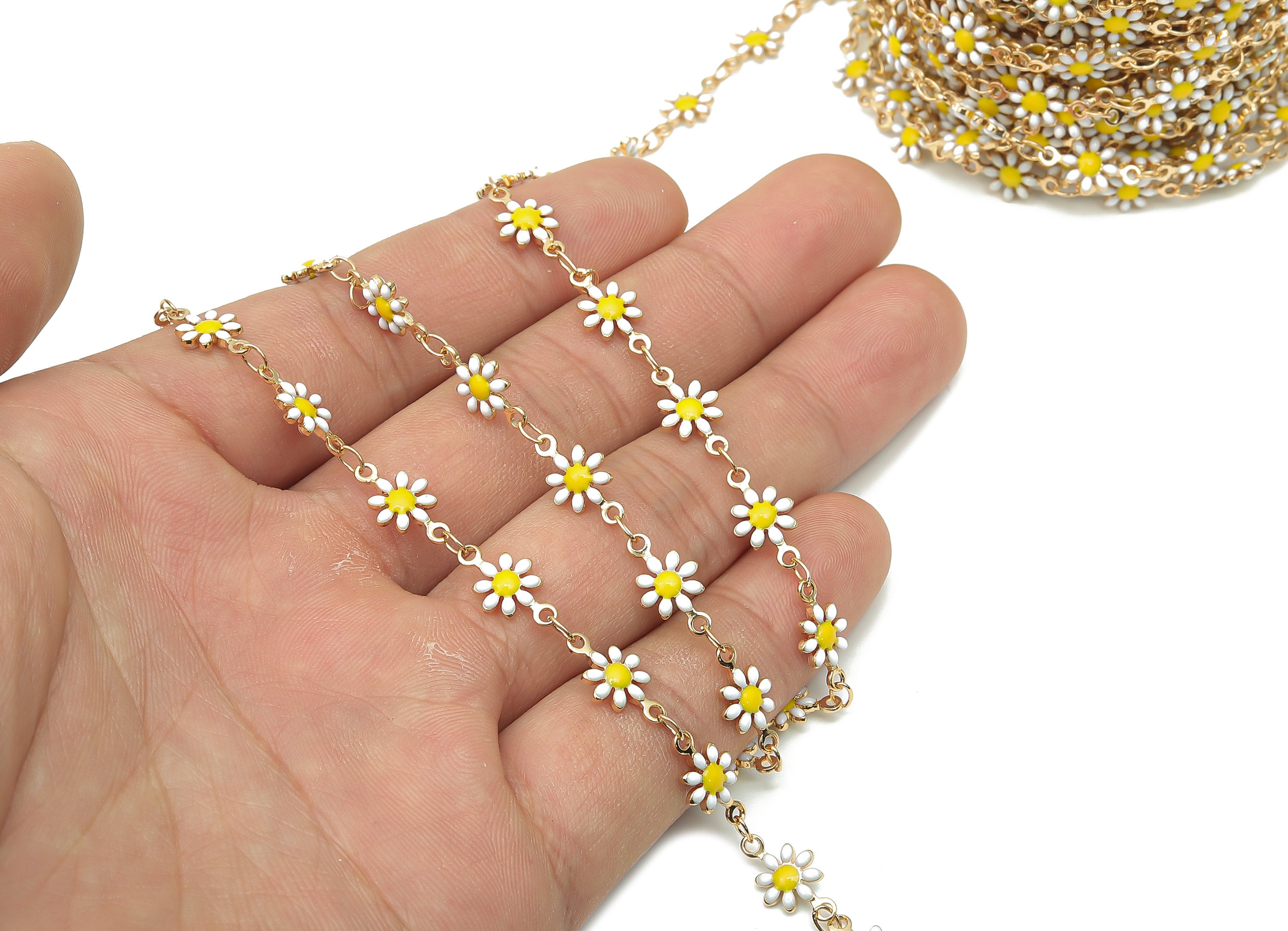 Enamel Flower Chains - Brass Daisy Chain - Floral Link Chain Findings - 18K Real Gold Plated Brass - 12.65x7.33x1.76mm - RGP4734 - DOMEDBAZAAR