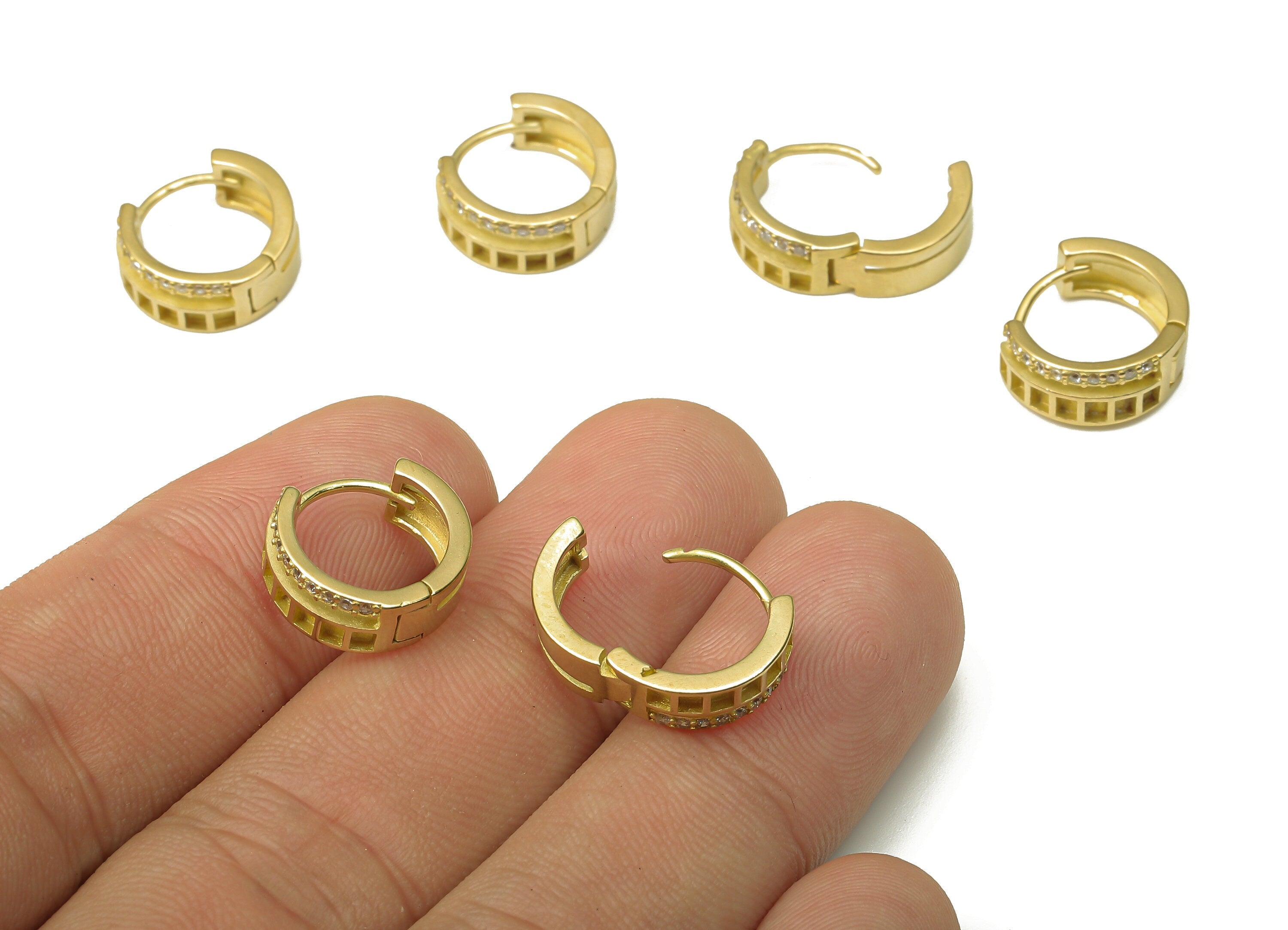 Brass Round Earring Clasp - Raw Brass Huggie Thick Hoop with Zircon - Brass Circle Hoop Earrings - 13.5x12.62x1.67mm - PP7896 - DOMEDBAZAAR