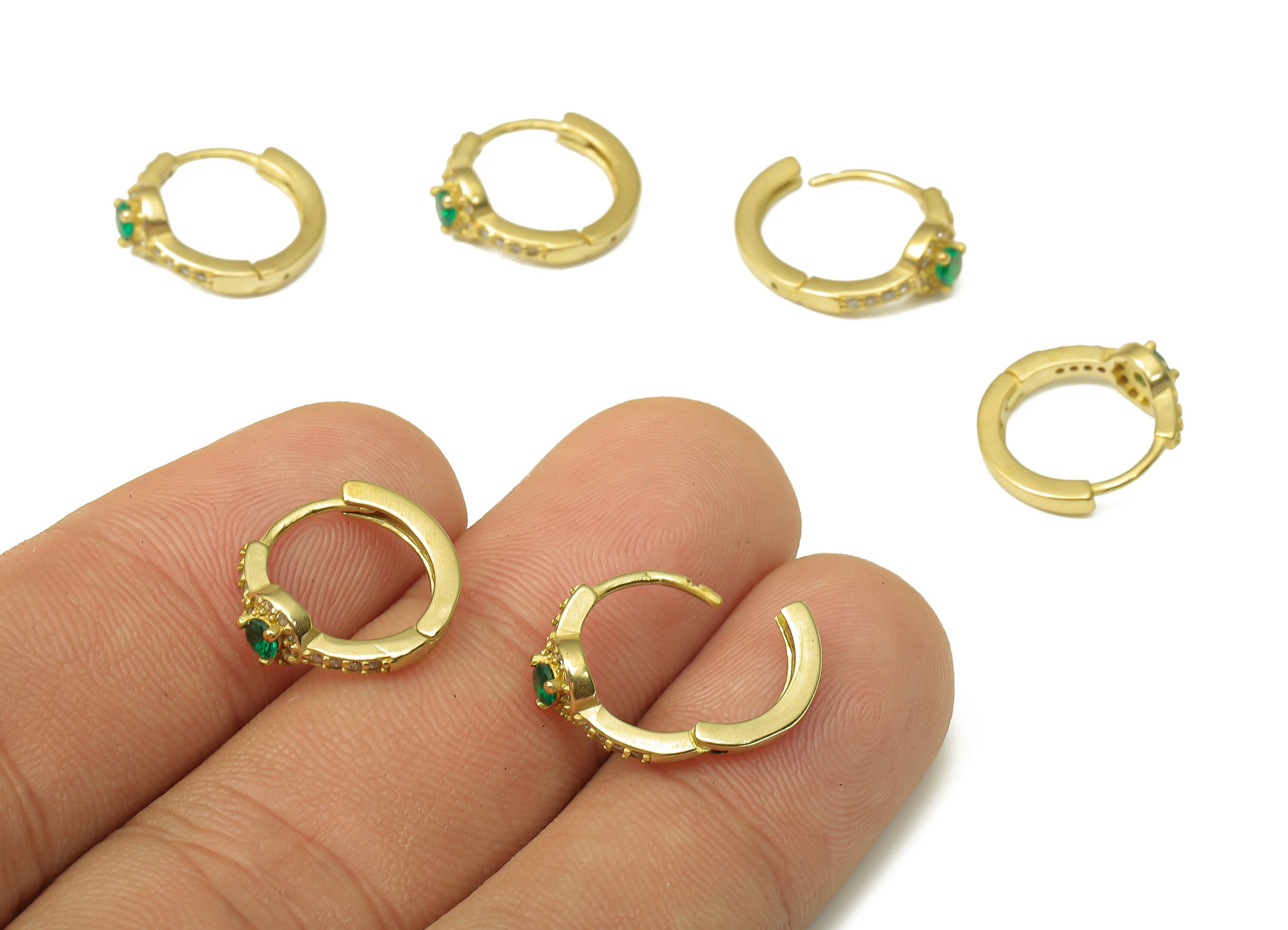Brass Round Solitaire Earring Clasp - Raw Brass Huggie Thick Hoop with Zircon - Brass Circle Hoop Earrings - 14.93x12.93x1.84mm - PP7904 - DOMEDBAZAAR