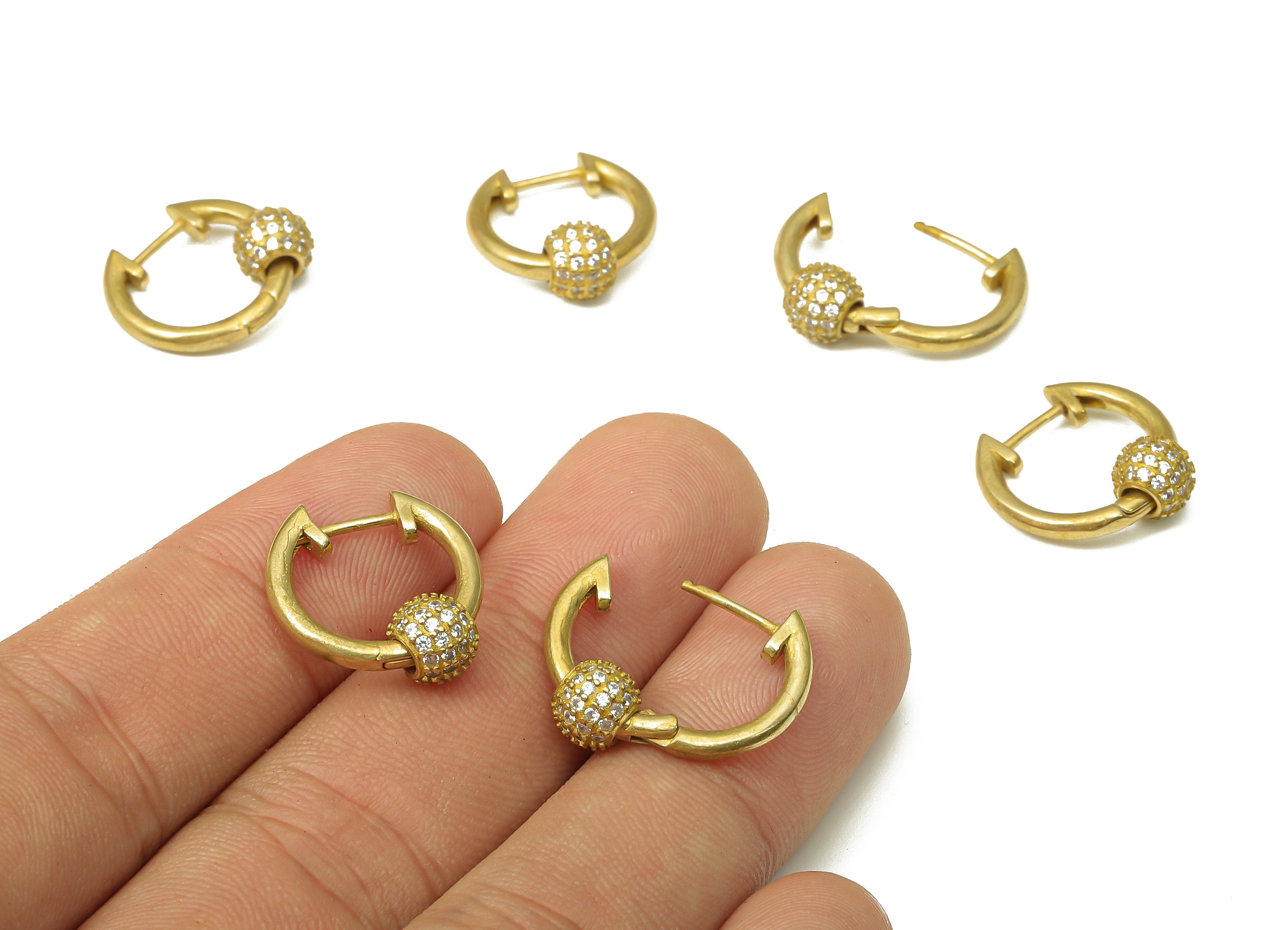 Brass Round Ball Earring Clasp - Raw Brass Huggie Thick Hoop with Zircon - Brass Circle Hoop Earrings - 17.42x16.03x2.2mm - PP7908 - DOMEDBAZAAR