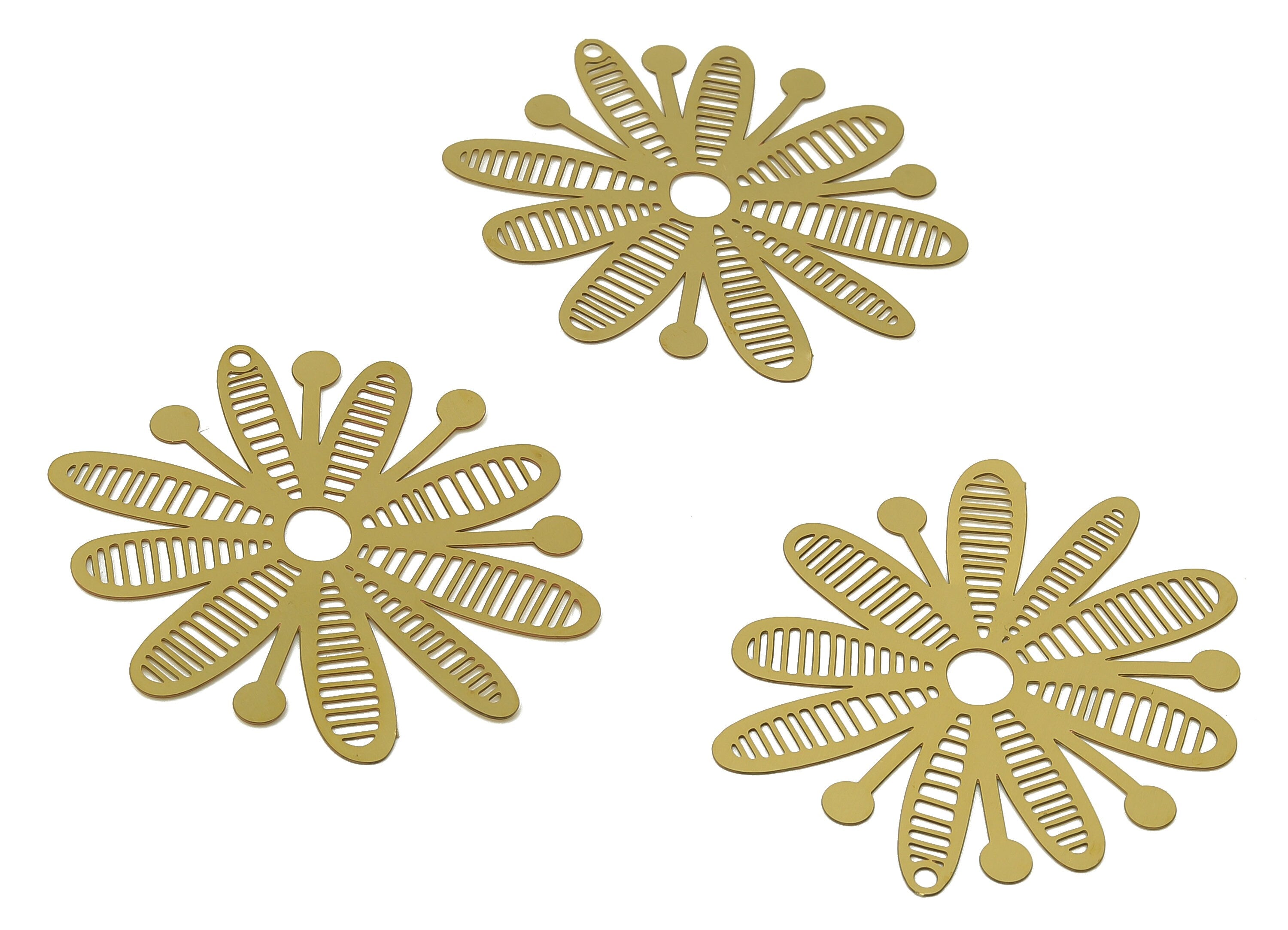 Brass Flower Pollen Earring Charm - Raw Brass Filigree Flower Bee Pendant - Earring Findings - 43x39.33x0.26mm - JJB7087 - DOMEDBAZAAR