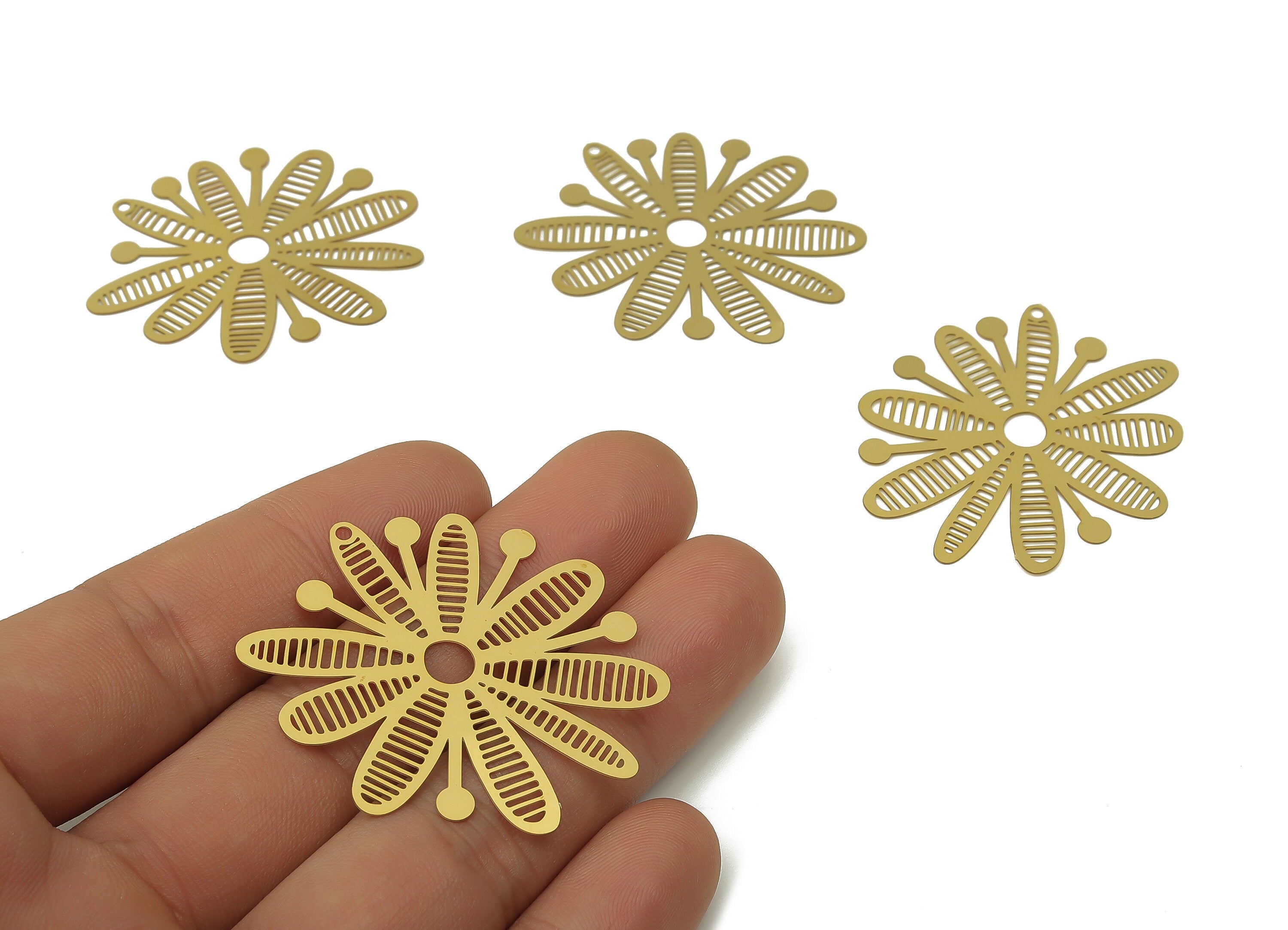 Brass Flower Pollen Earring Charm - Raw Brass Filigree Flower Bee Pendant - Earring Findings - 43x39.33x0.26mm - JJB7087 - DOMEDBAZAAR