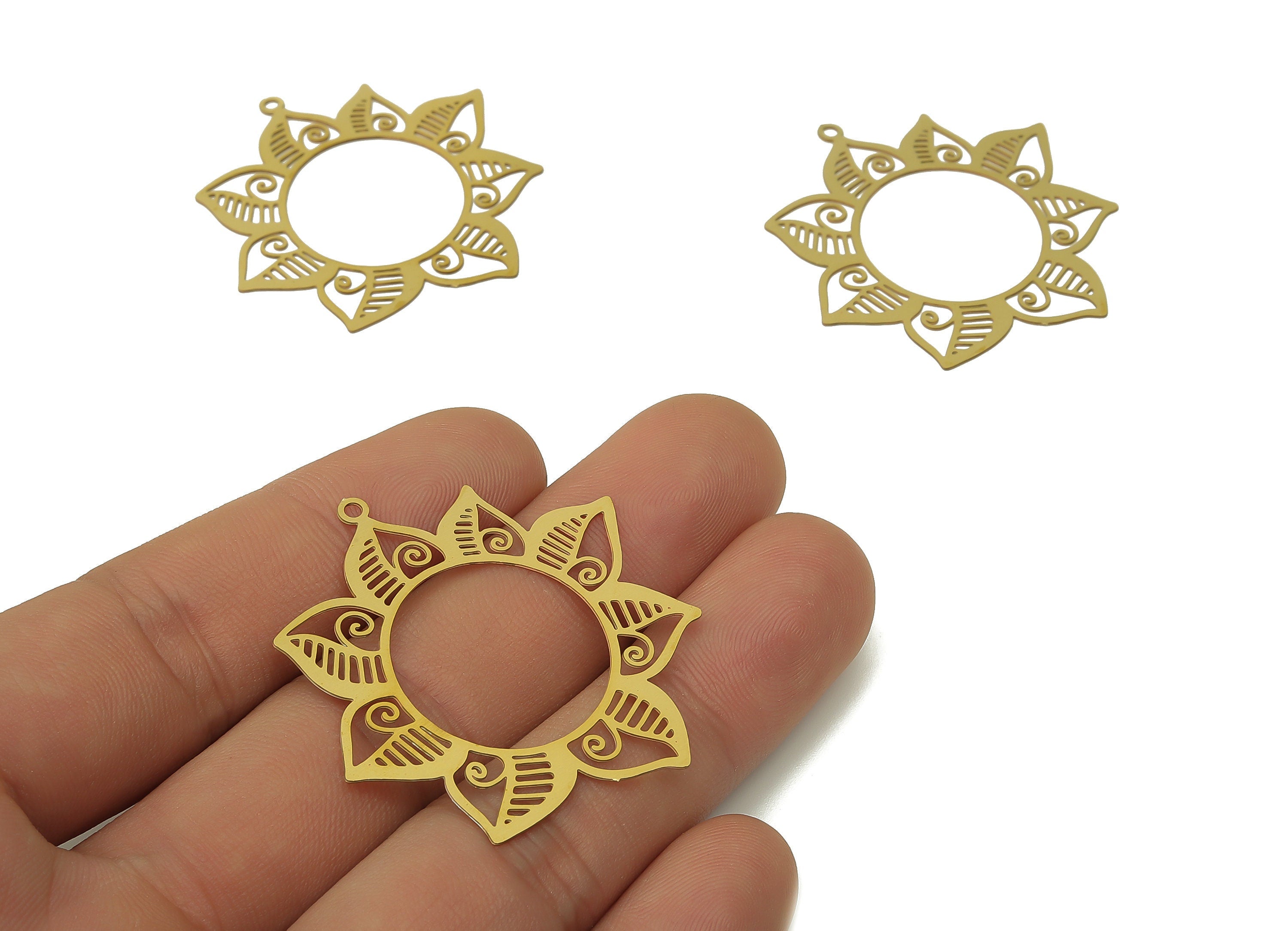 Brass Sunflower Earrings Charm - Raw Brass Filigree Sunflower Pendant - Earring Findings - Jewelry Supplies - 43.12x38.32x0.27mm - JJB7089 - DOMEDBAZAAR
