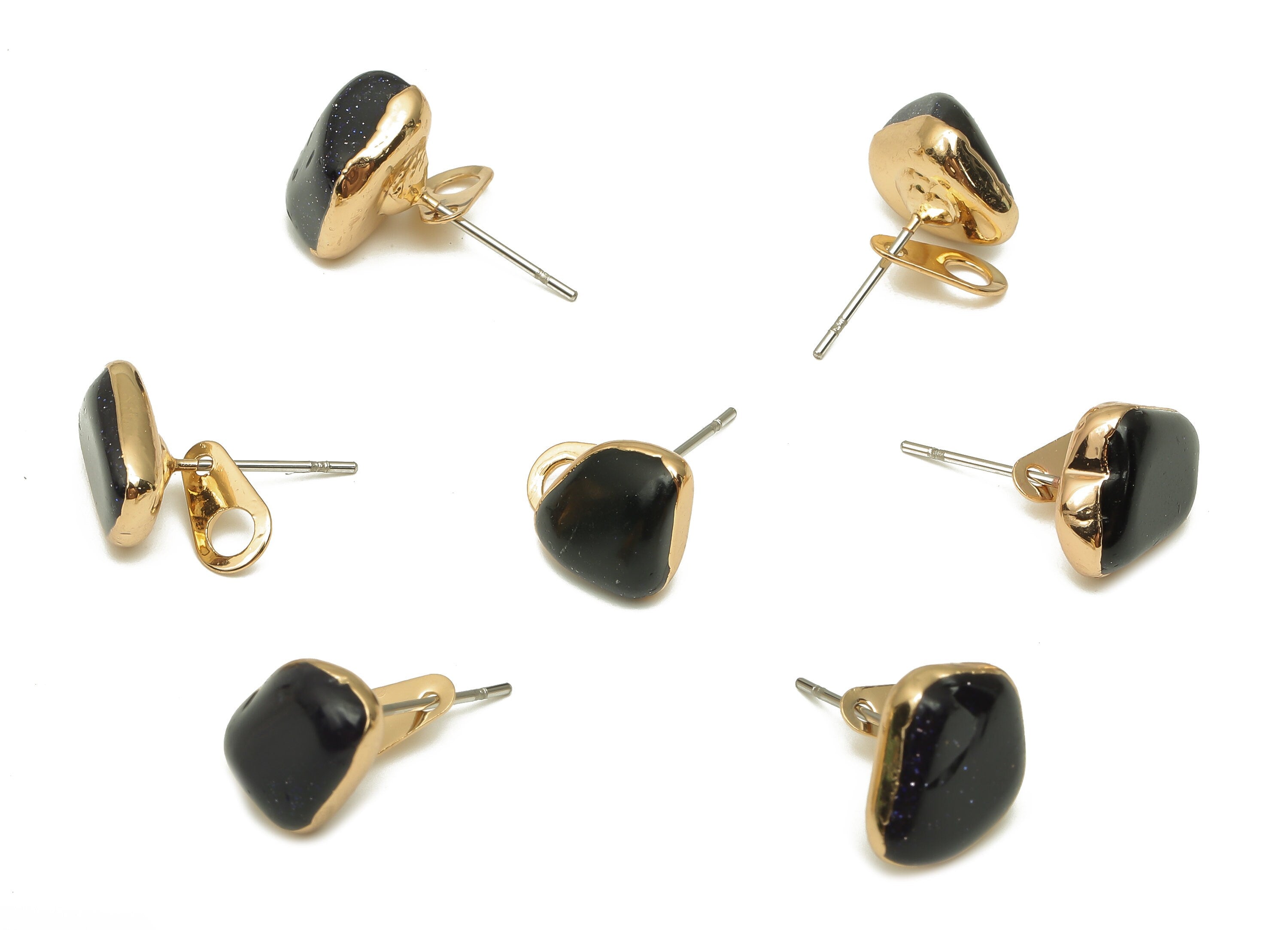 Blue Sandstone Stud Earring - Natural Stone Earring With Loop - Gold Plated Stone Post - 316 Surgical Stainless Steel-11.3x10x6.8mm-NS1762AC - DOMEDBAZAAR