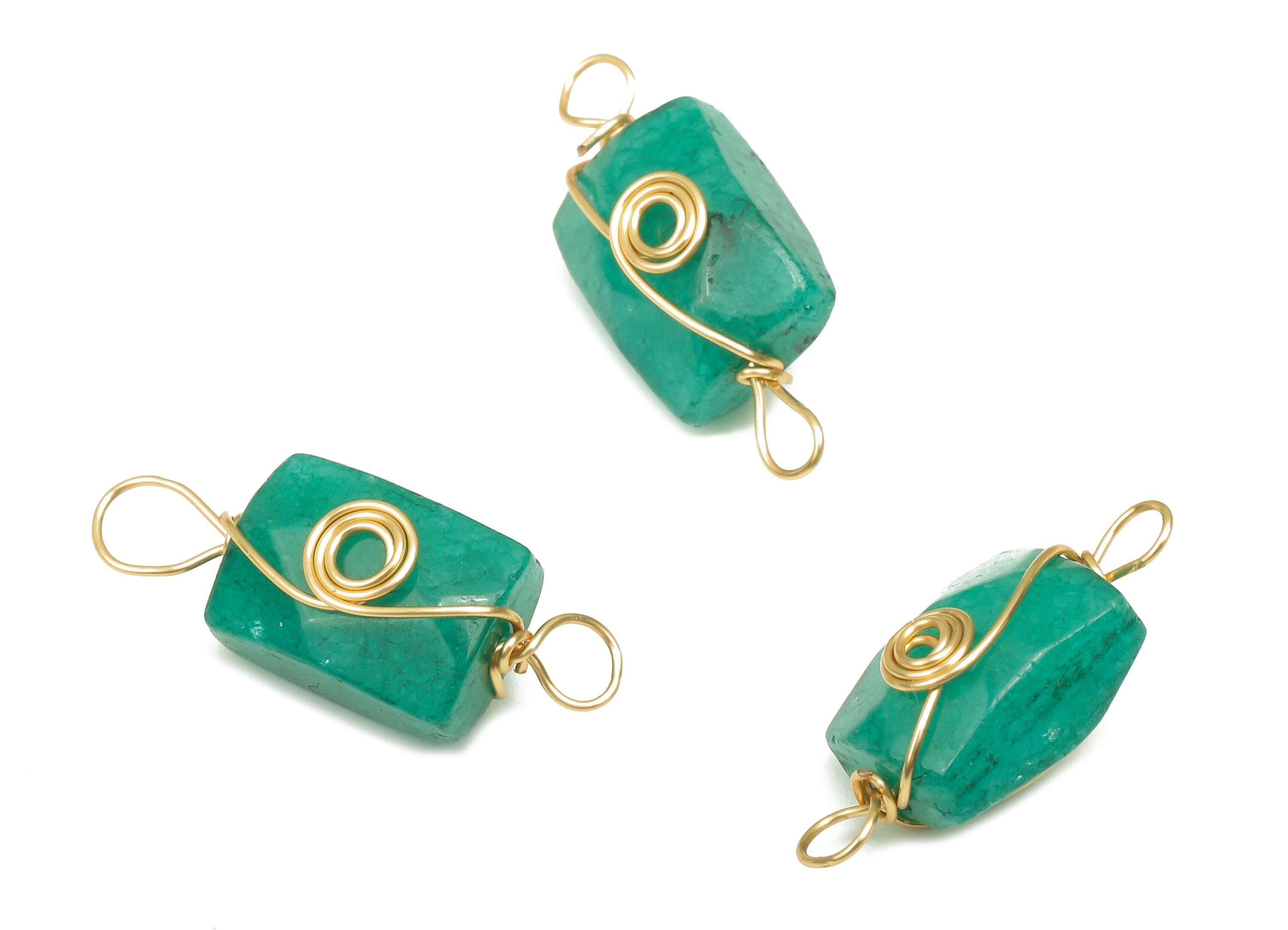 Green Jade Earring Connector - Brass Wire Wrapped Rectangle Pendant - Faceted Natural Stone - Gold Tone Plating - 19.9x7.44x7.01mm - NS1863D - DOMEDBAZAAR