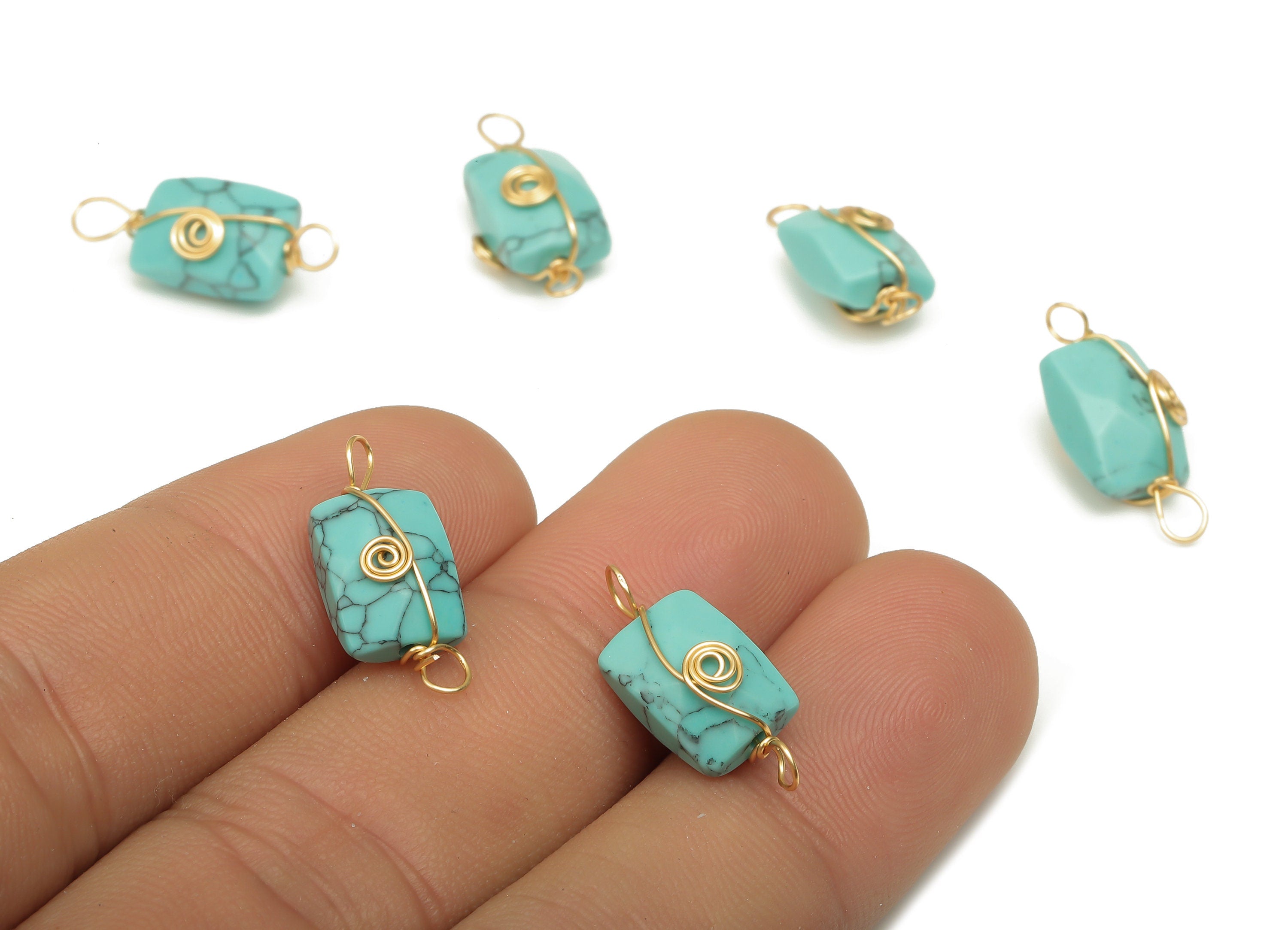 Blue Jade Earring Connector - Brass Wire Wrapped Rectangle Pendant - Faceted Natural Stone - Gold Tone Plating - 19.85x7.44x7.01mm - NS1863G - DOMEDBAZAAR
