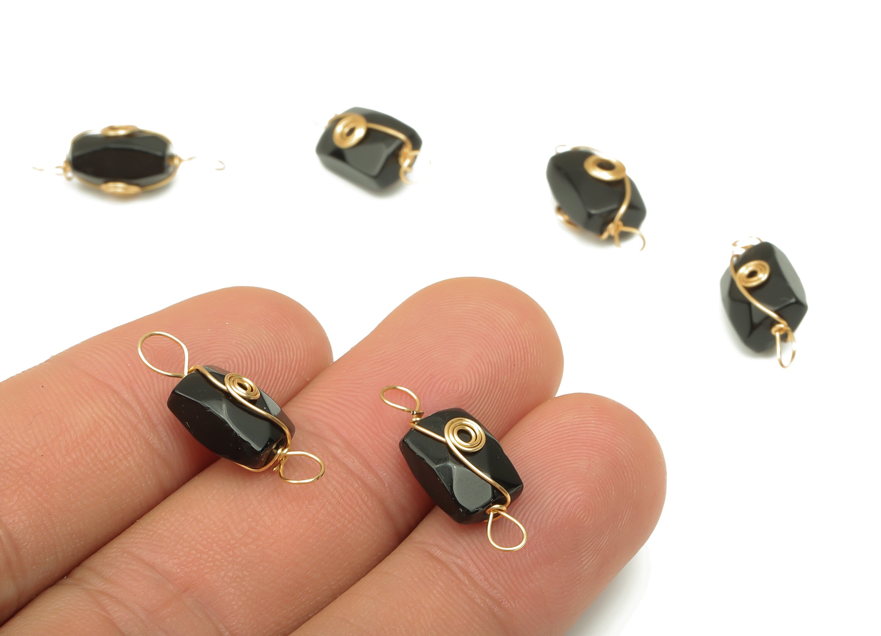 Obsidian Earring Connector - Brass Wire Wrapped Rectangle Pendant - Faceted Natural Stone - Gold Tone Plating - 19.85x7.44x7.01mm - NS1863N - DOMEDBAZAAR