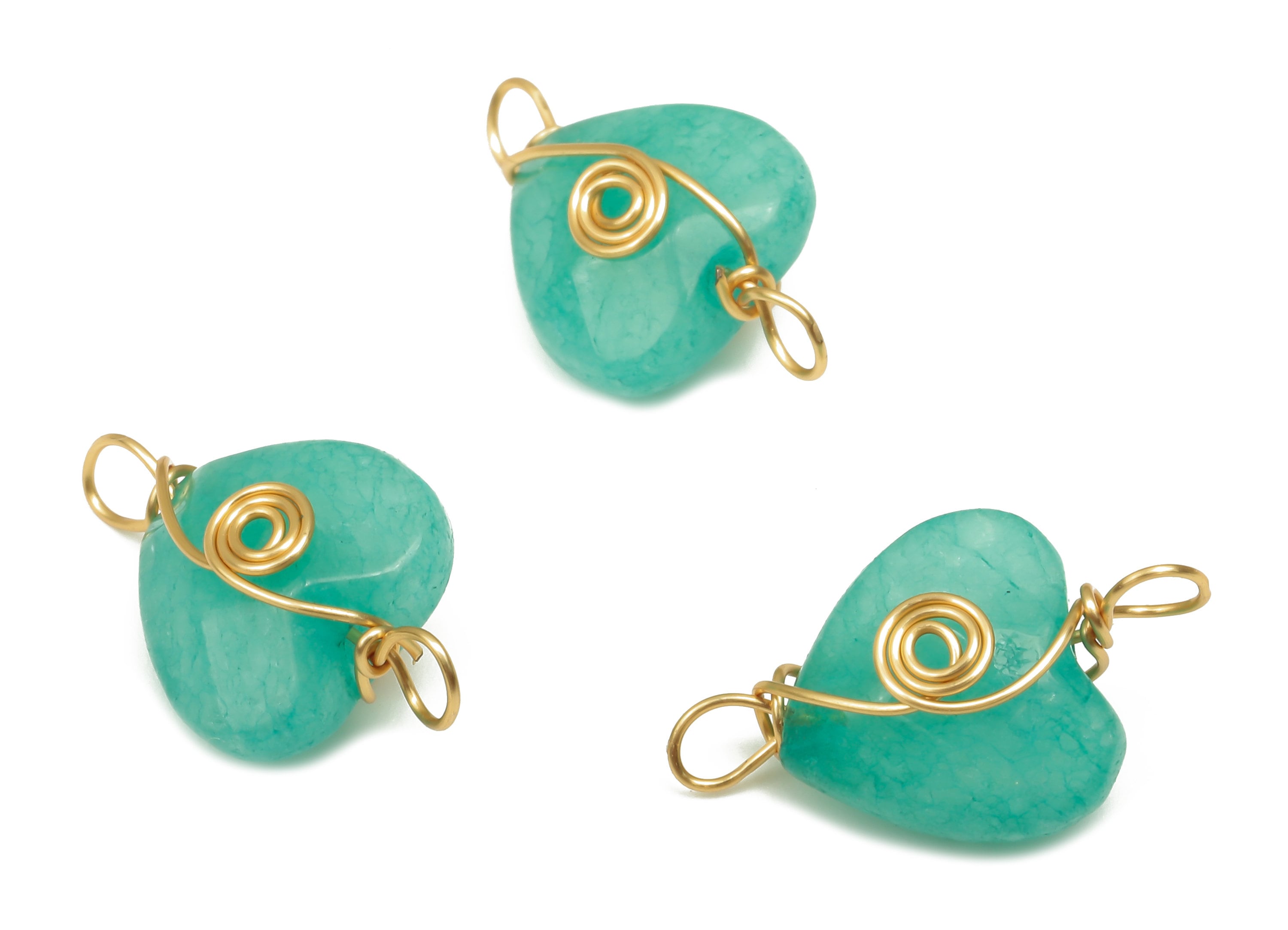 Green Jade Heart Earring Connector - Brass Wire Wrapped Pendant - Faceted Natural Stone - Gold Tone Plating - 17.22x10.38x6.1mm - NS1864D - DOMEDBAZAAR