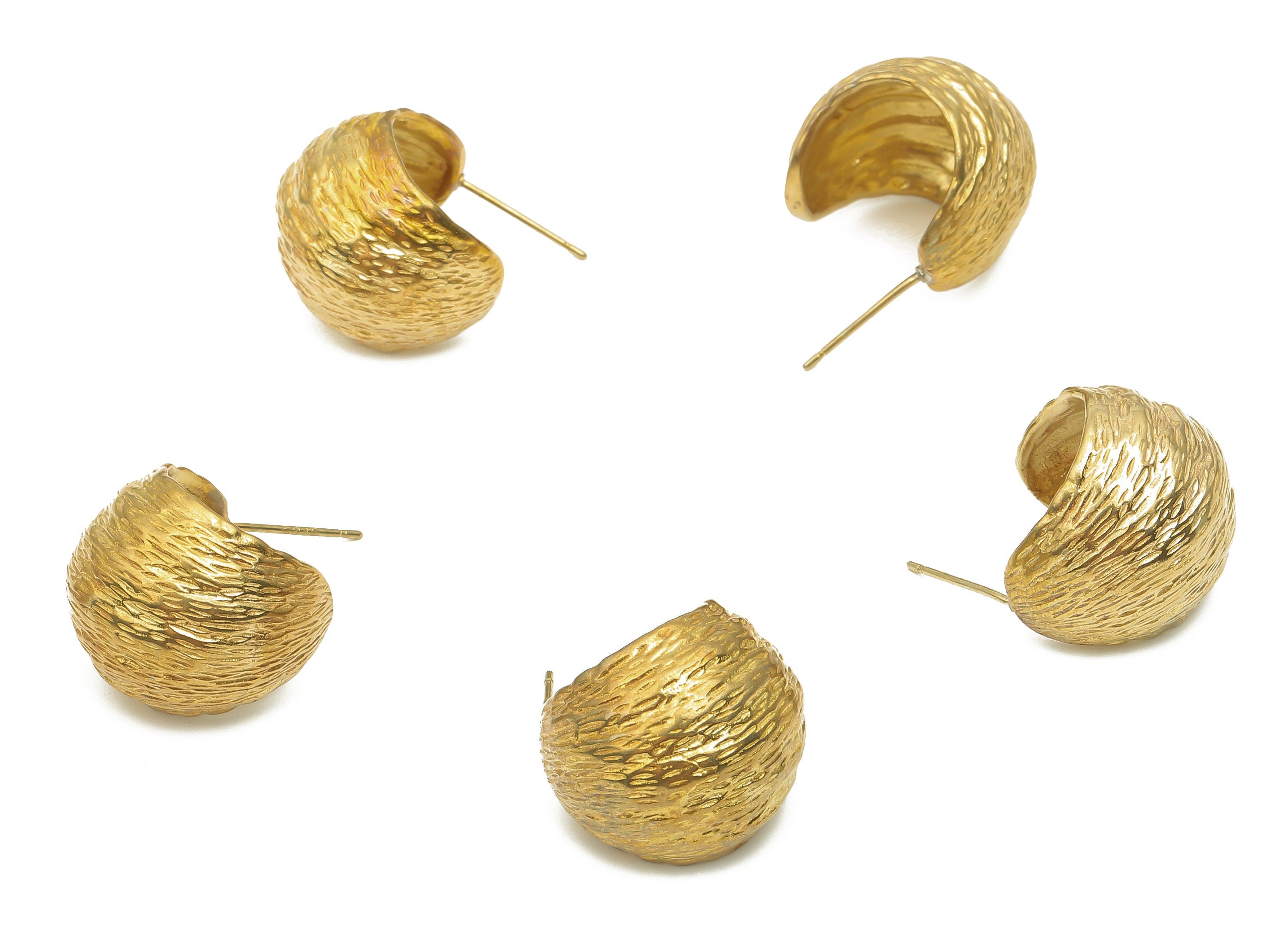 Brass Texture C Earring Studs - Raw Brass C Earring Post - Open Hoop Stud - Thick Basket Hoop - 925 Silver Stud - 19.2x16.95x0.95mm - PP7860 - DOMEDBAZAAR