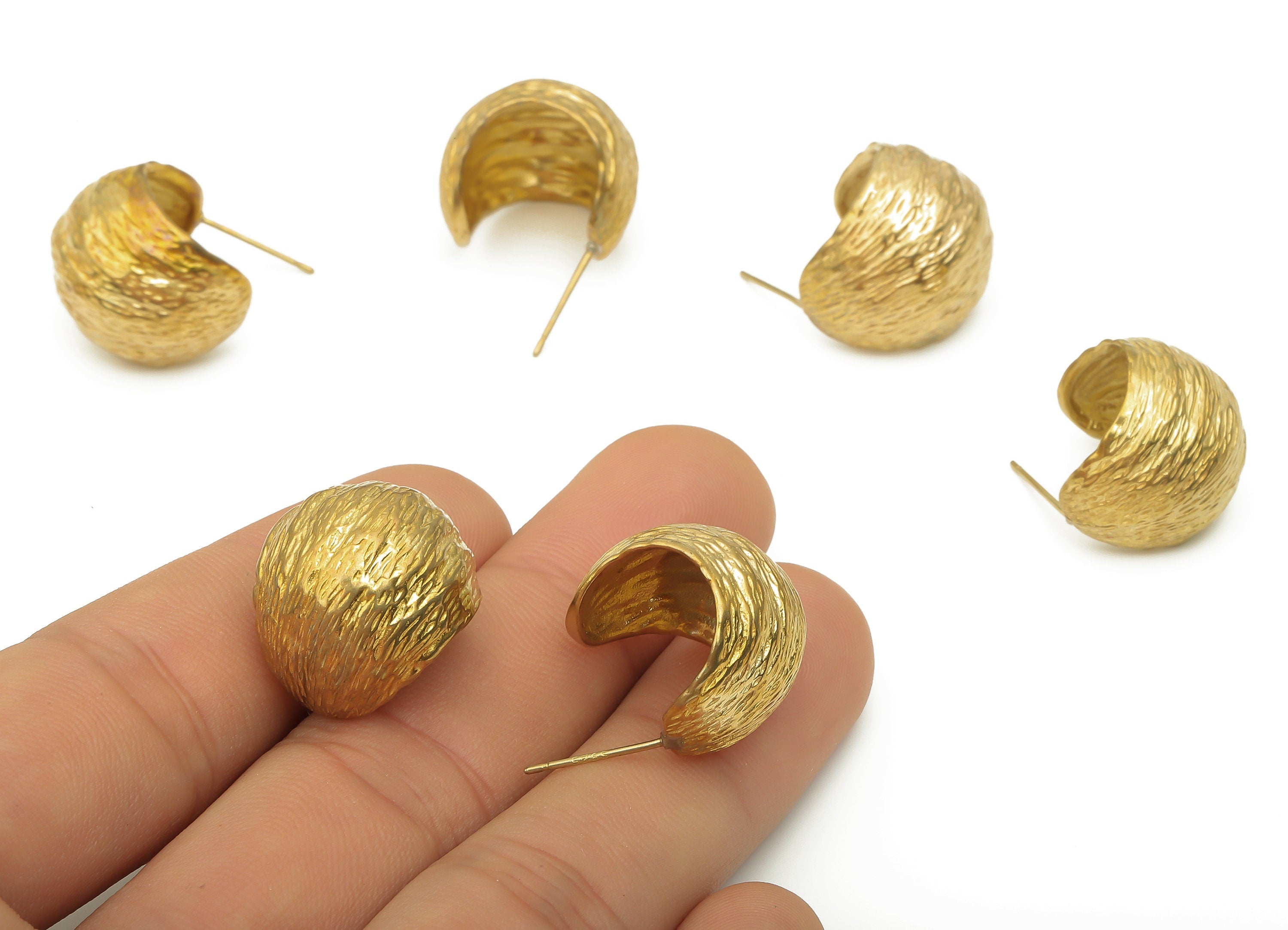 Brass Texture C Earring Studs - Raw Brass C Earring Post - Open Hoop Stud - Thick Basket Hoop - 925 Silver Stud - 19.2x16.95x0.95mm - PP7860 - DOMEDBAZAAR