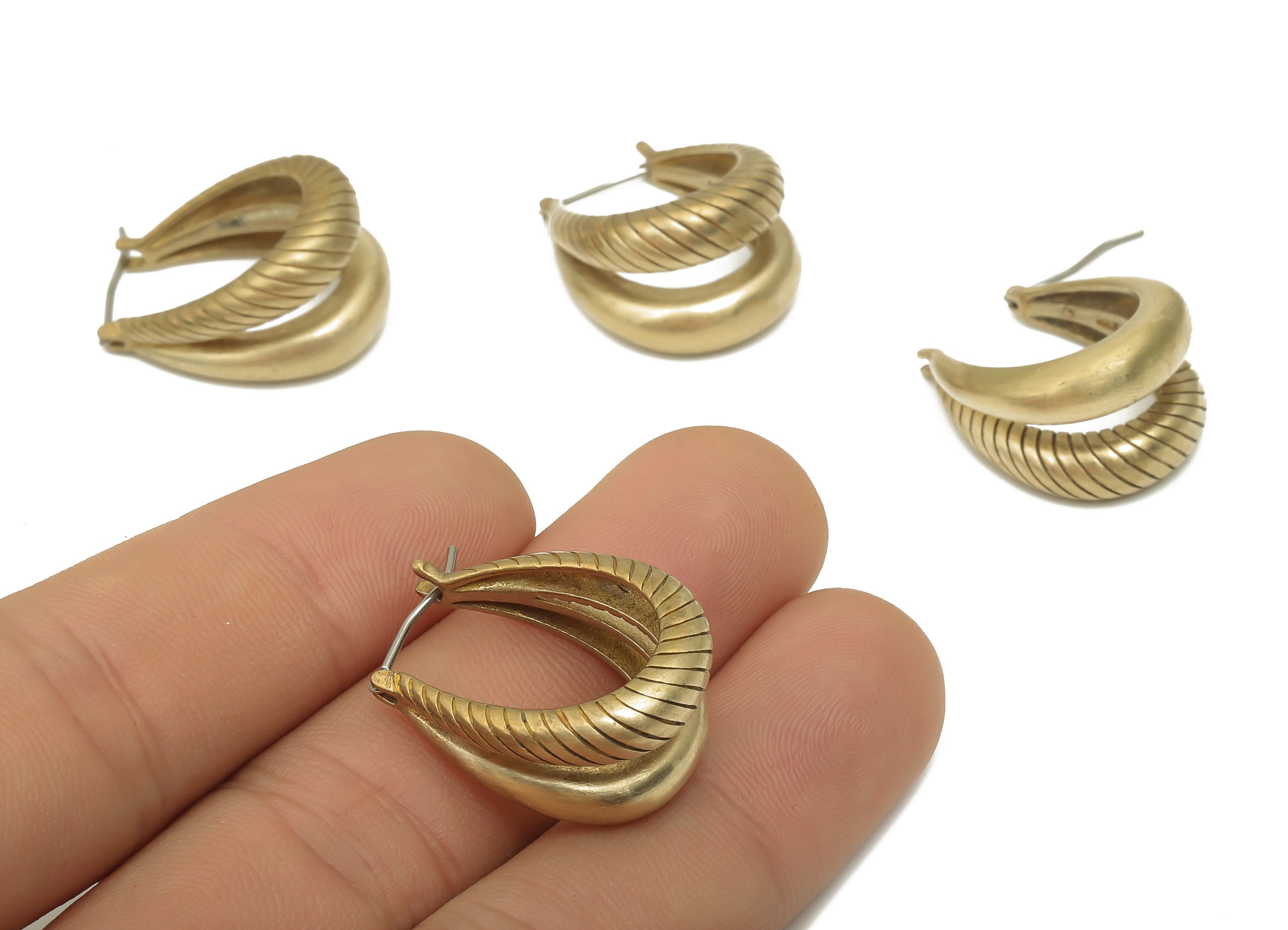 Brass Ellipse U Hoops Earrings - Raw Brass Double Rings - Huggie Horsehoe Hoop Earrings - 925 Silver Stud - 24.07x18.95x3.7mm - PP7872 - DOMEDBAZAAR