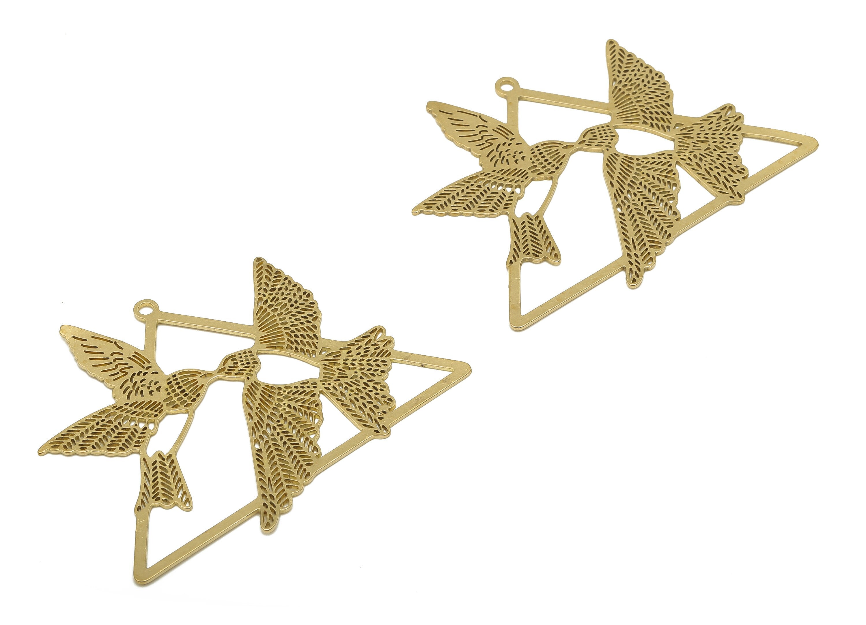 Brass Triangle Earring Charm - Raw Brass Flying Kissing Bird Pendant - Laser Cut Charms - Swallow Cutout Earring - 54.65x44.3x0.7mm - PP7888 - DOMEDBAZAAR