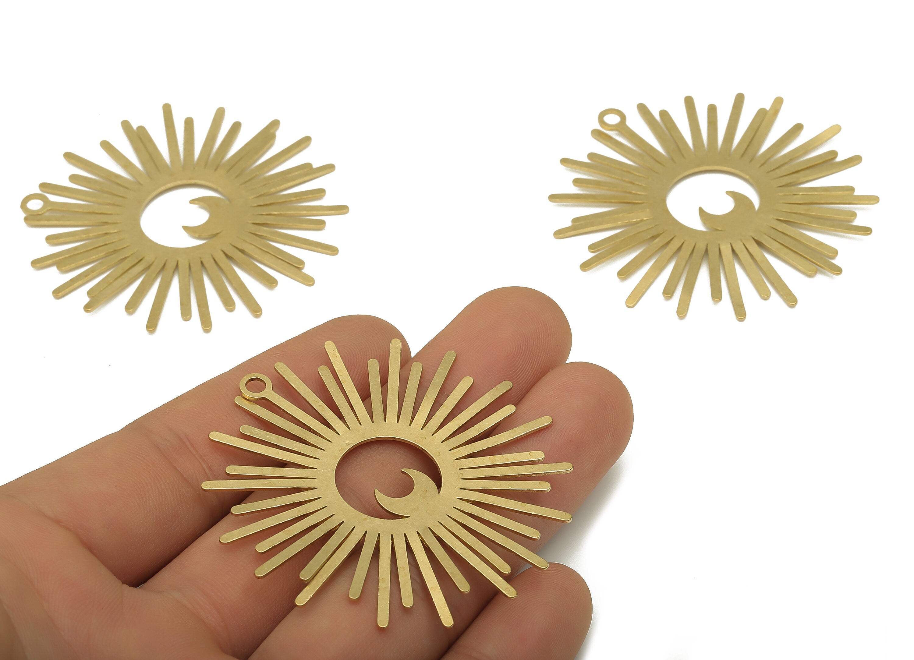 Brass Sun Burst Earring Charm - Raw Brass Crescent Pendant - Celestial Jewelry - Jewelry Making Supplies - 54.82x53.27x0.75mm - PP7889 - DOMEDBAZAAR