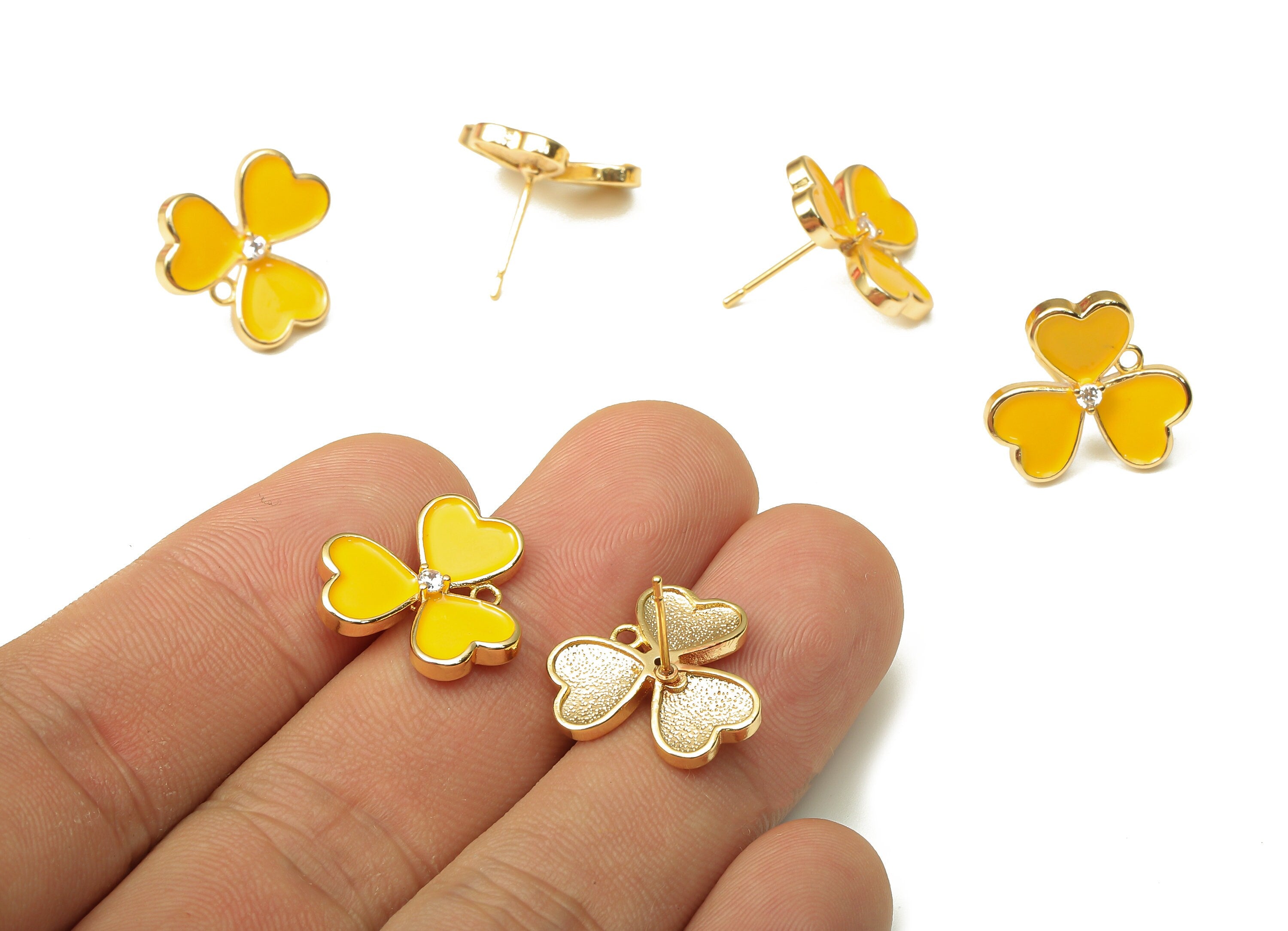 Brass Leaves Earring Stud - Enamel Zircon Clover Heart Earring Post - 316 Stainless Steel - 18k Real Gold Plating -16.1x16.1x1.9mm -RGP5233A - DOMEDBAZAAR