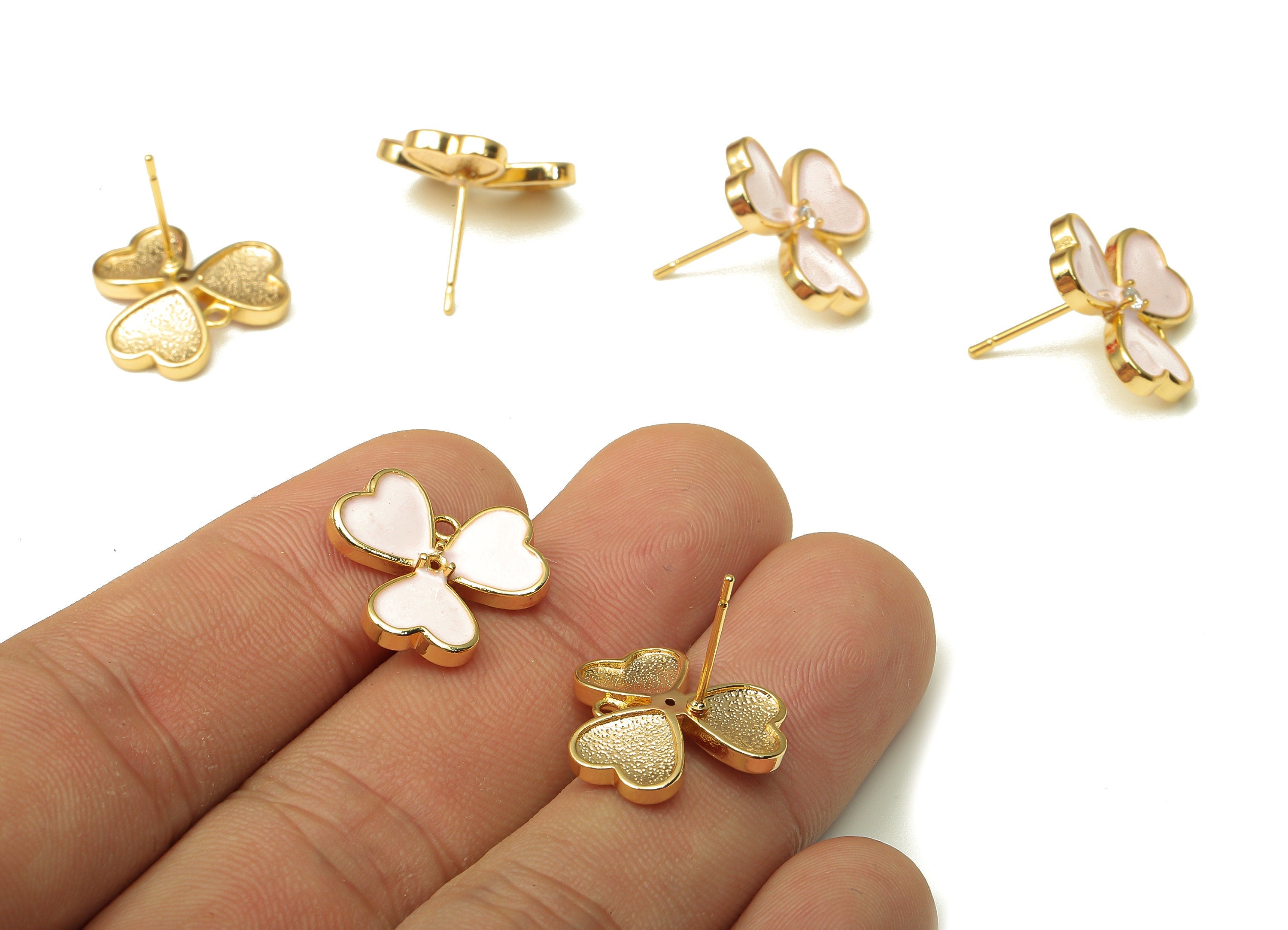 Brass Leaves Earring Stud - Enamel Zircon Clover Heart Earring Post - 316 Stainless Steel - 18k Real Gold Plating -16.1x16.1x1.9mm -RGP5233C - DOMEDBAZAAR