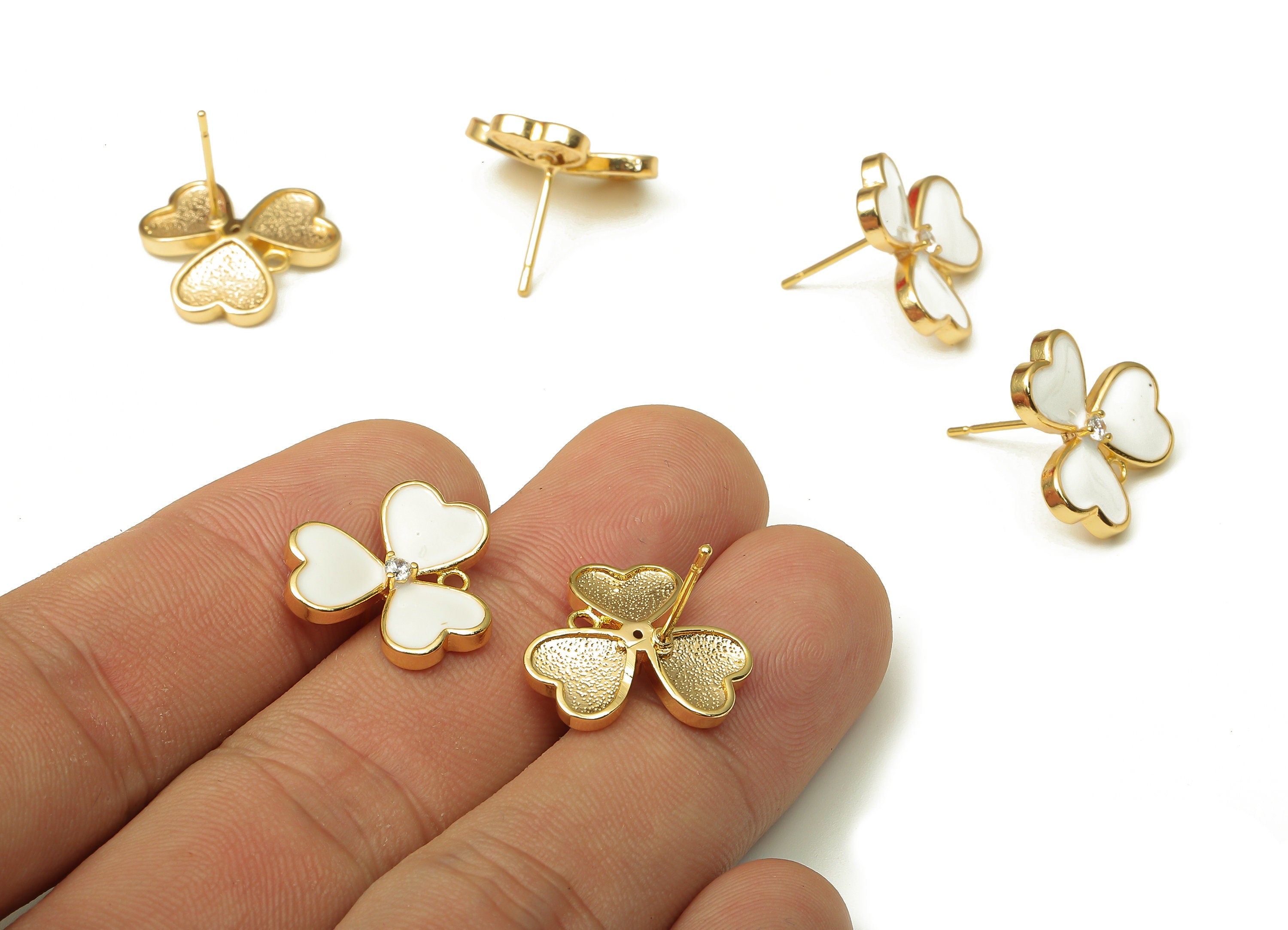 Brass Leaves Earring Stud - Enamel Zircon Clover Heart Earring Post - 316 Stainless Steel - 18k Real Gold Plating -16.1x16.1x1.9mm -RGP5233D - DOMEDBAZAAR