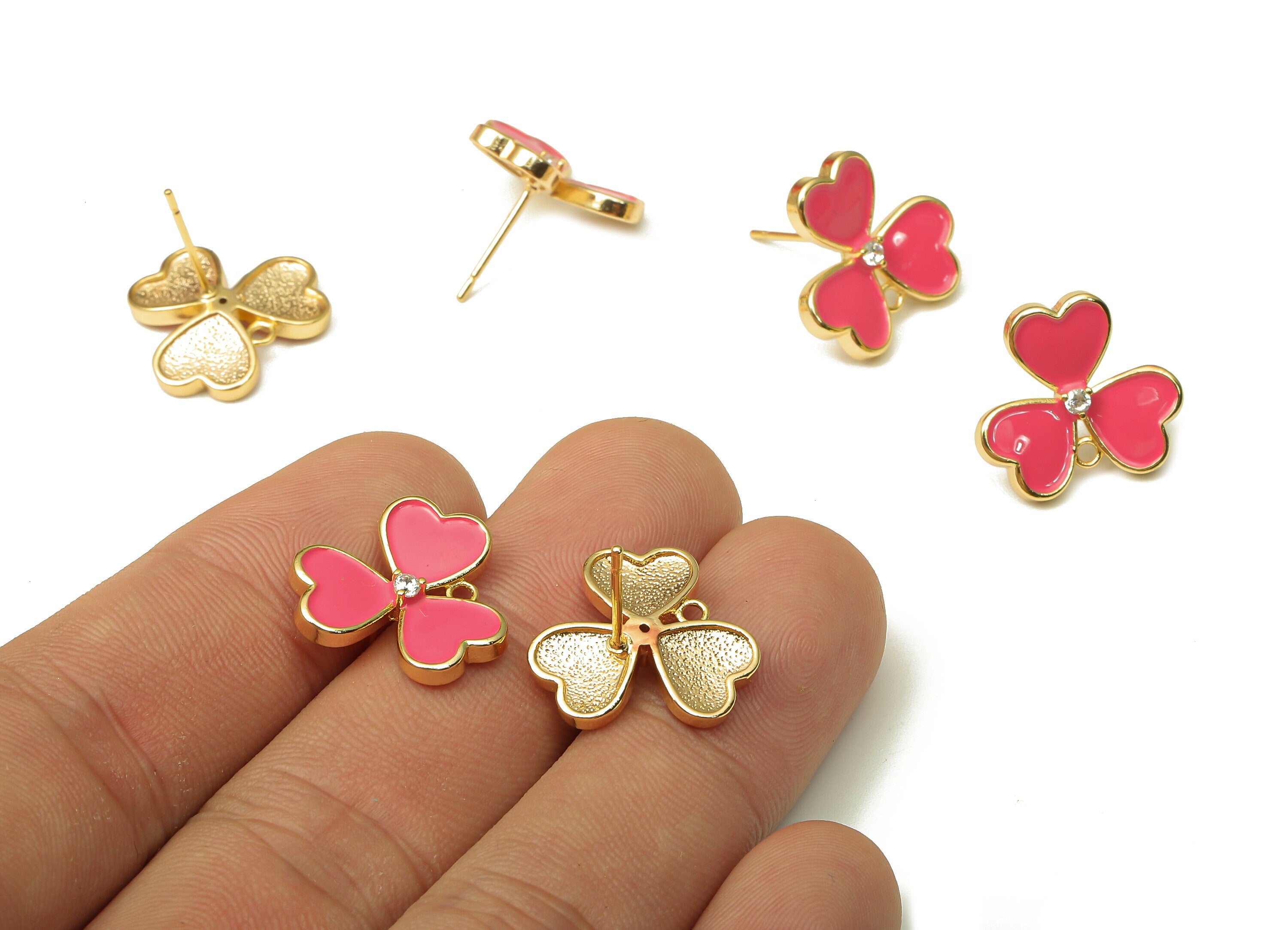 Brass Leaves Earring Stud - Enamel Zircon Clover Heart Earring Post - 316 Stainless Steel - 18k Real Gold Plating -16.1x16.1x1.9mm -RGP5233F - DOMEDBAZAAR