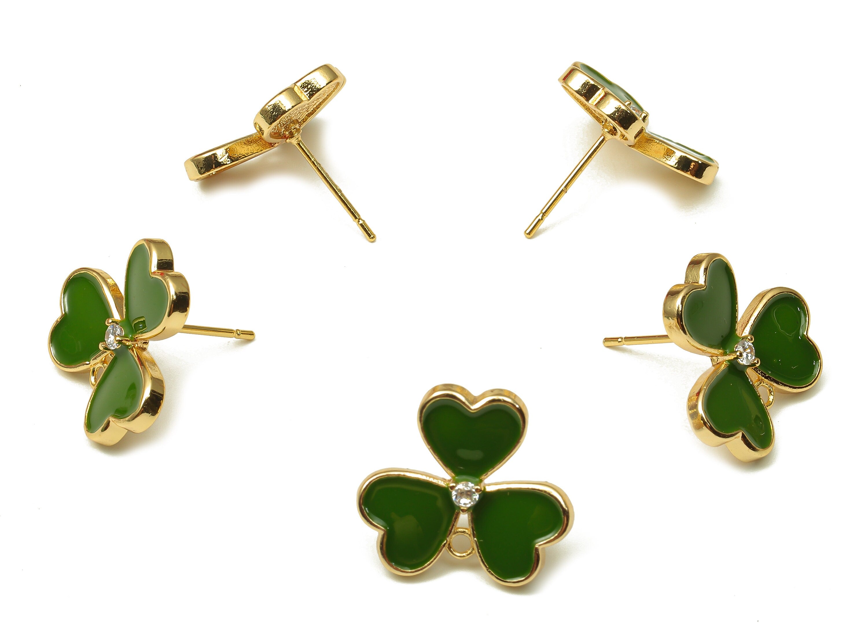 Brass Leaves Earring Stud - Enamel Zircon Clover Heart Earring Post - 316 Stainless Steel - 18k Real Gold Plating -16.1x16.1x1.9mm -RGP5233B - DOMEDBAZAAR