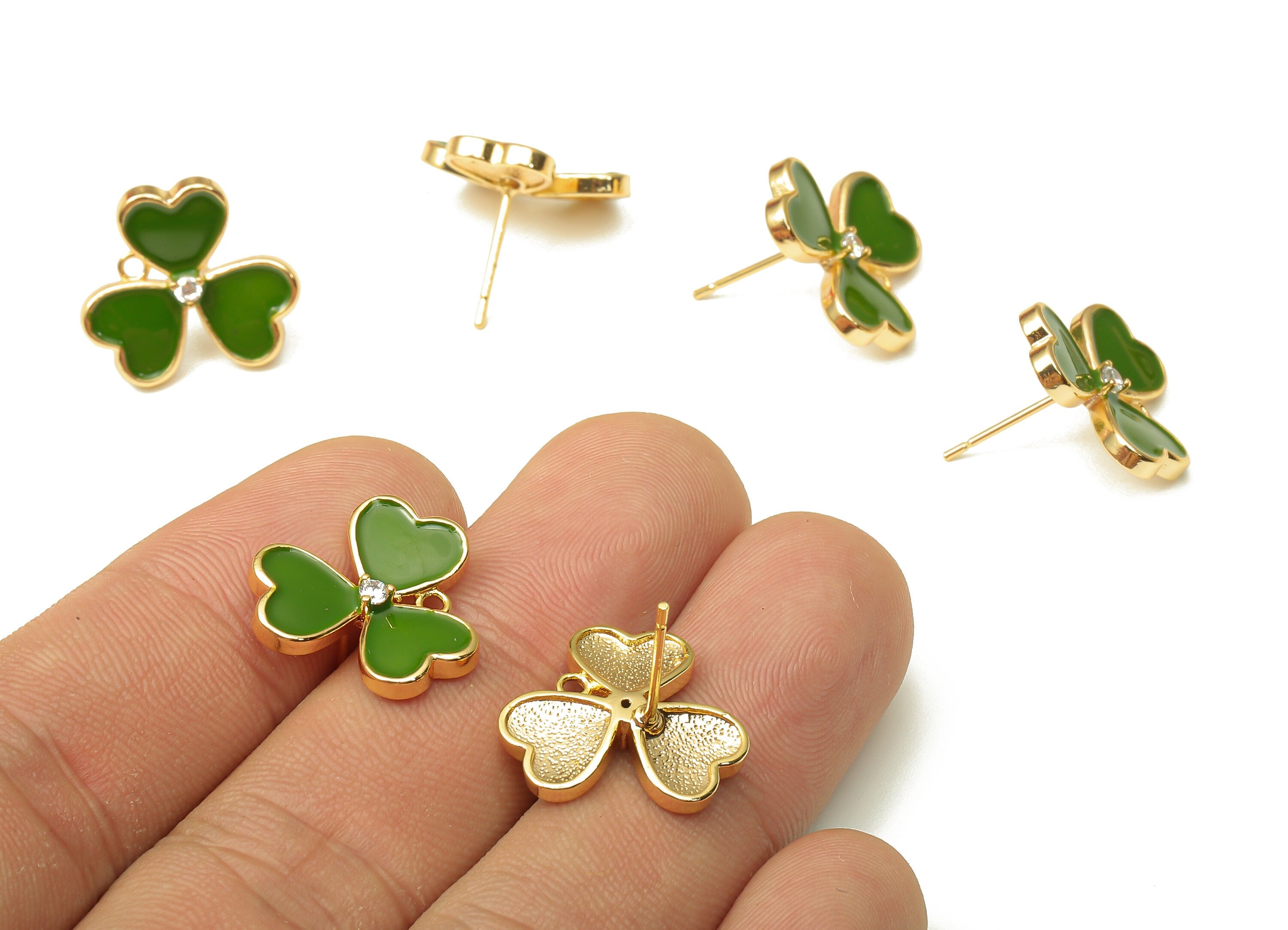 Brass Leaves Earring Stud - Enamel Zircon Clover Heart Earring Post - 316 Stainless Steel - 18k Real Gold Plating -16.1x16.1x1.9mm -RGP5233B - DOMEDBAZAAR