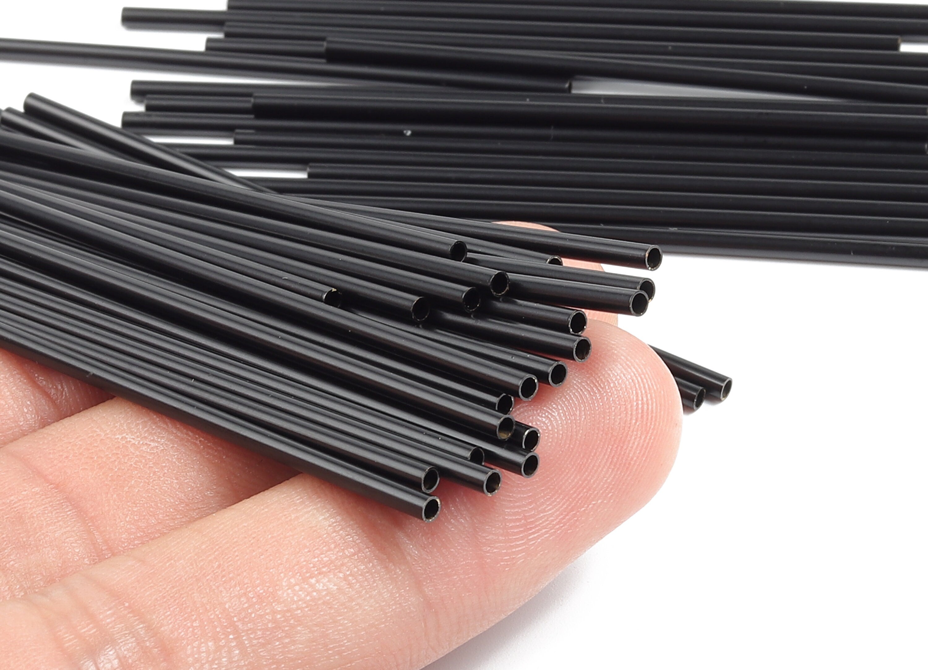 Matte Black Himmeli Tubes - Raw Brass Round Himmeli DIY Tube Beads - Circle Pipes for Geometric - For Air Plants - 2x0.2x70mm- PP4568B-70 - DOMEDBAZAAR