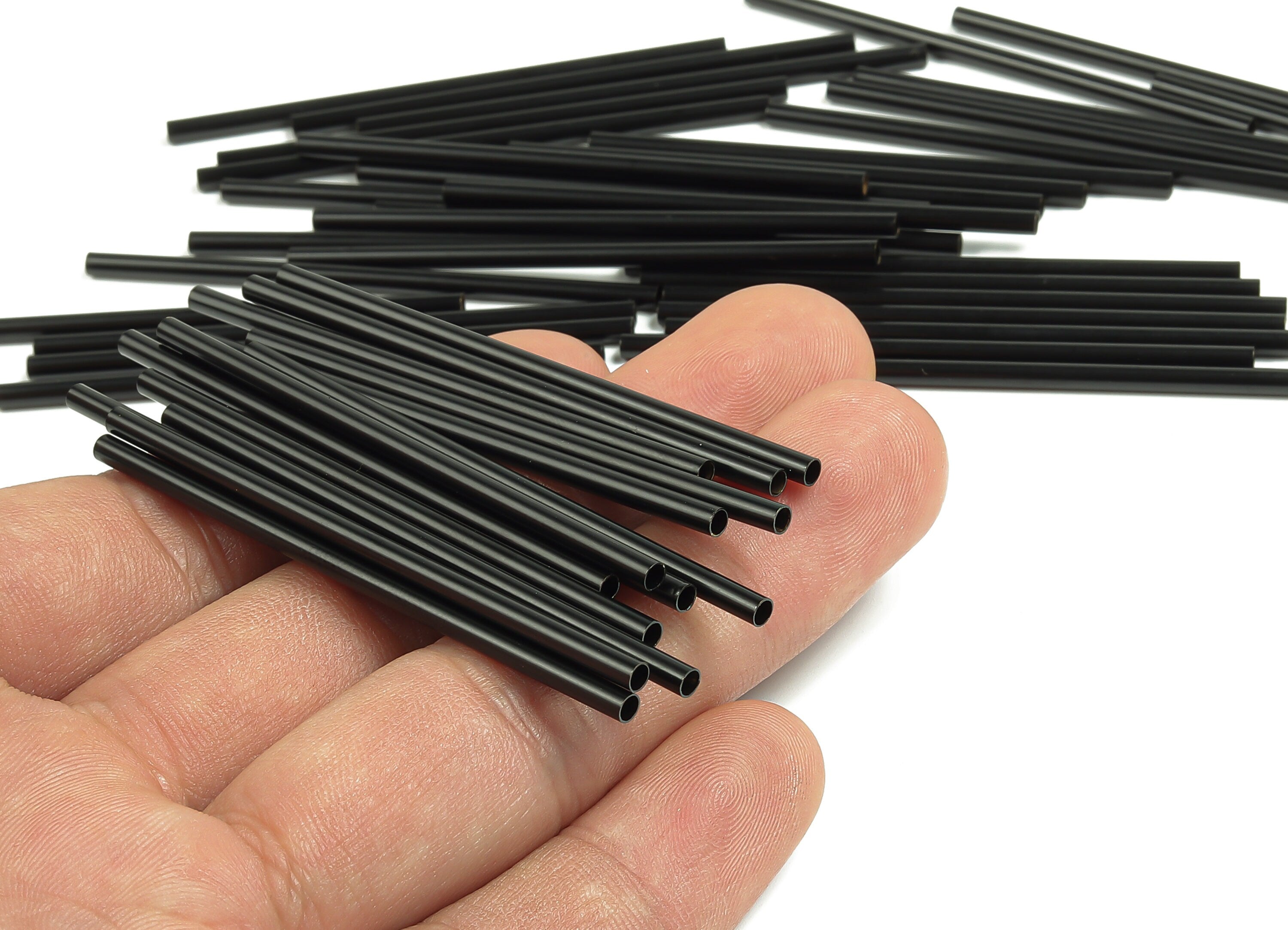 Matte Black Himmeli Tubes - Raw Brass Round Himmeli DIY Tube Beads - Circle Pipes for Geometric - For Air Plants - 2.5x0.2x60mm- PP4569B-60 - DOMEDBAZAAR