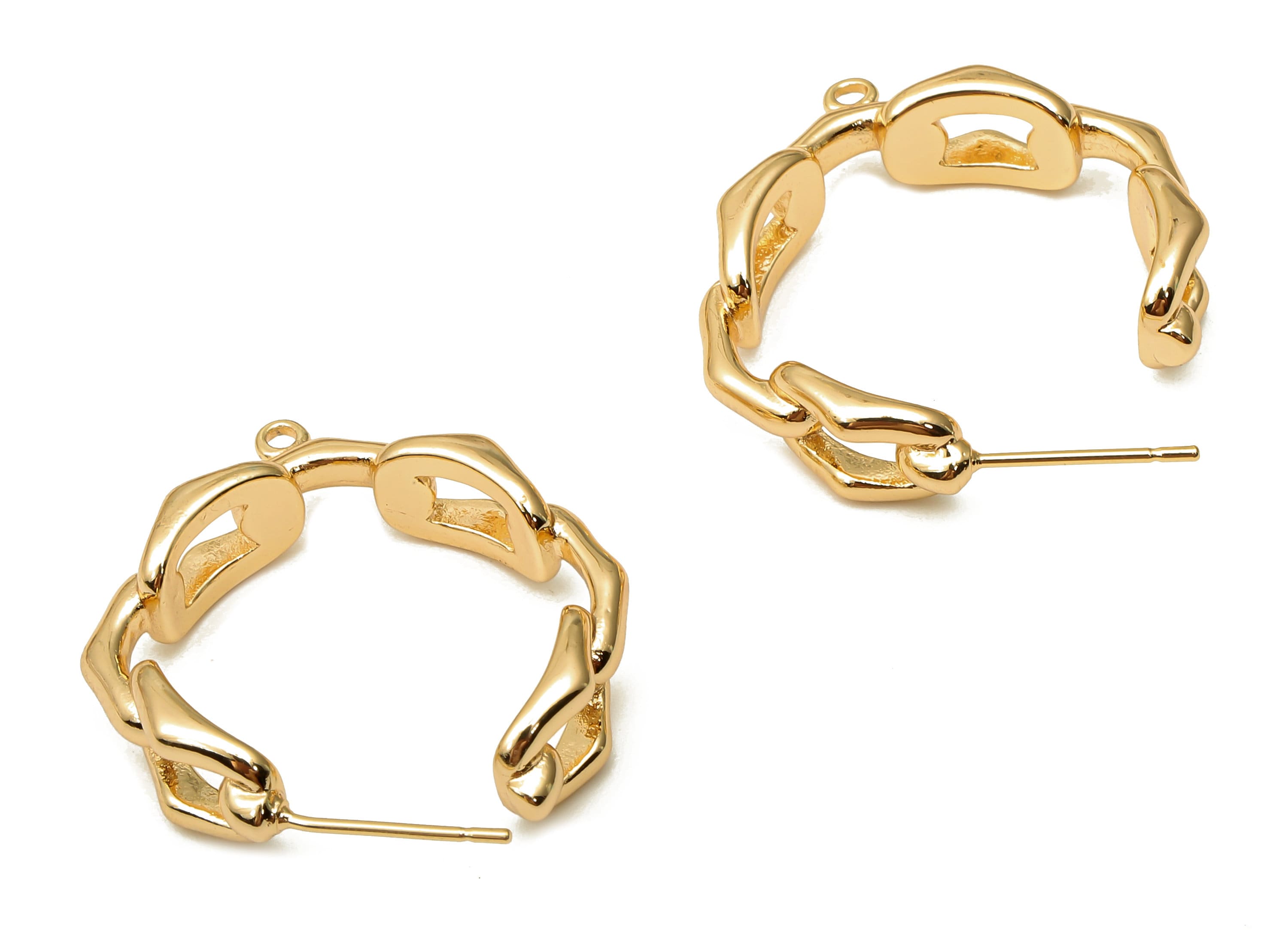 Brass Round Earring Stud - Gold Chain Earring Hoop with Loop - Stainless Steel Stud - 18K Real Gold Plating - 26.94x24.83x2.7mm - RGP5050 - DOMEDBAZAAR