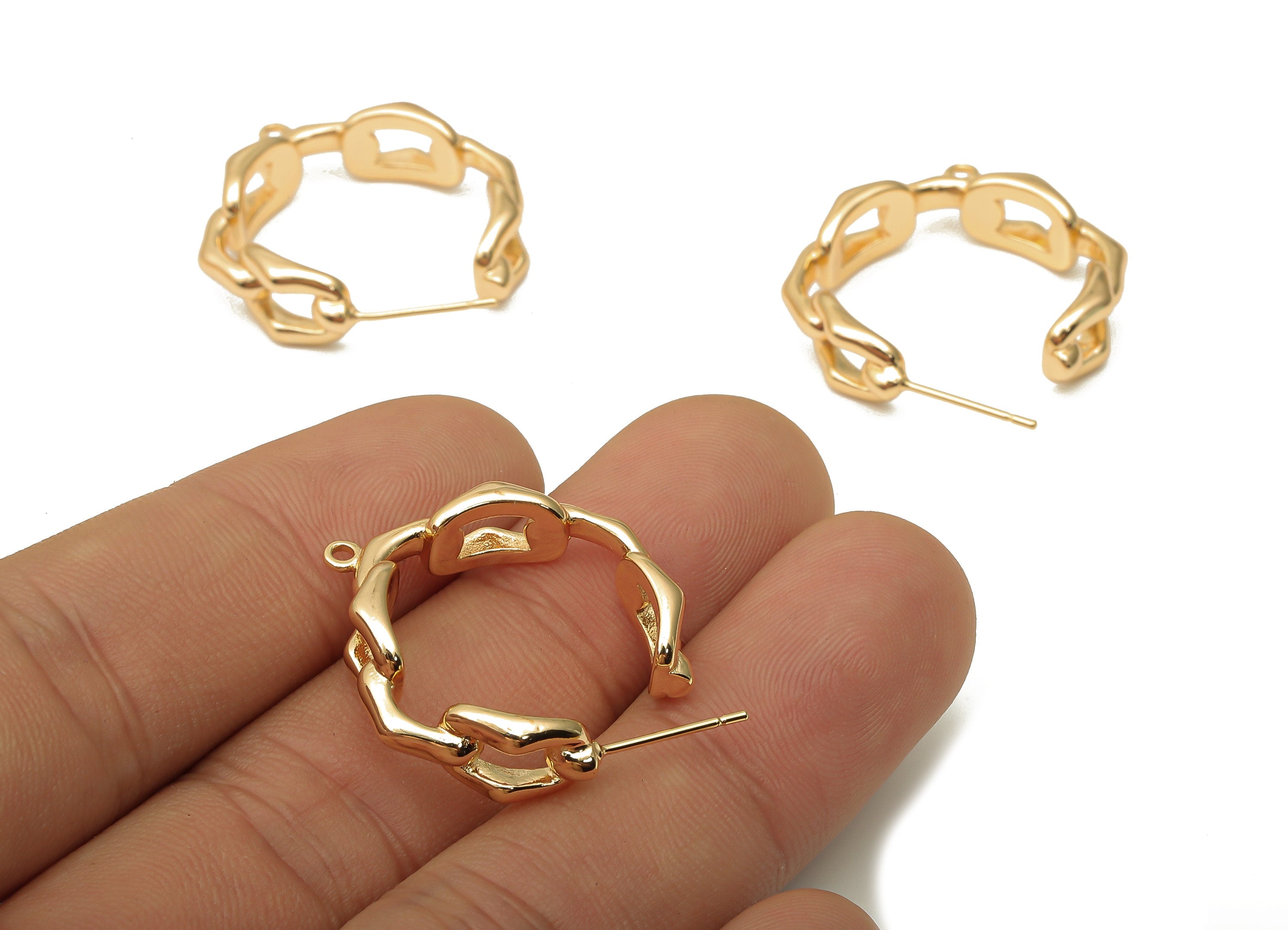 Brass Round Earring Stud - Gold Chain Earring Hoop with Loop - Stainless Steel Stud - 18K Real Gold Plating - 26.94x24.83x2.7mm - RGP5050 - DOMEDBAZAAR