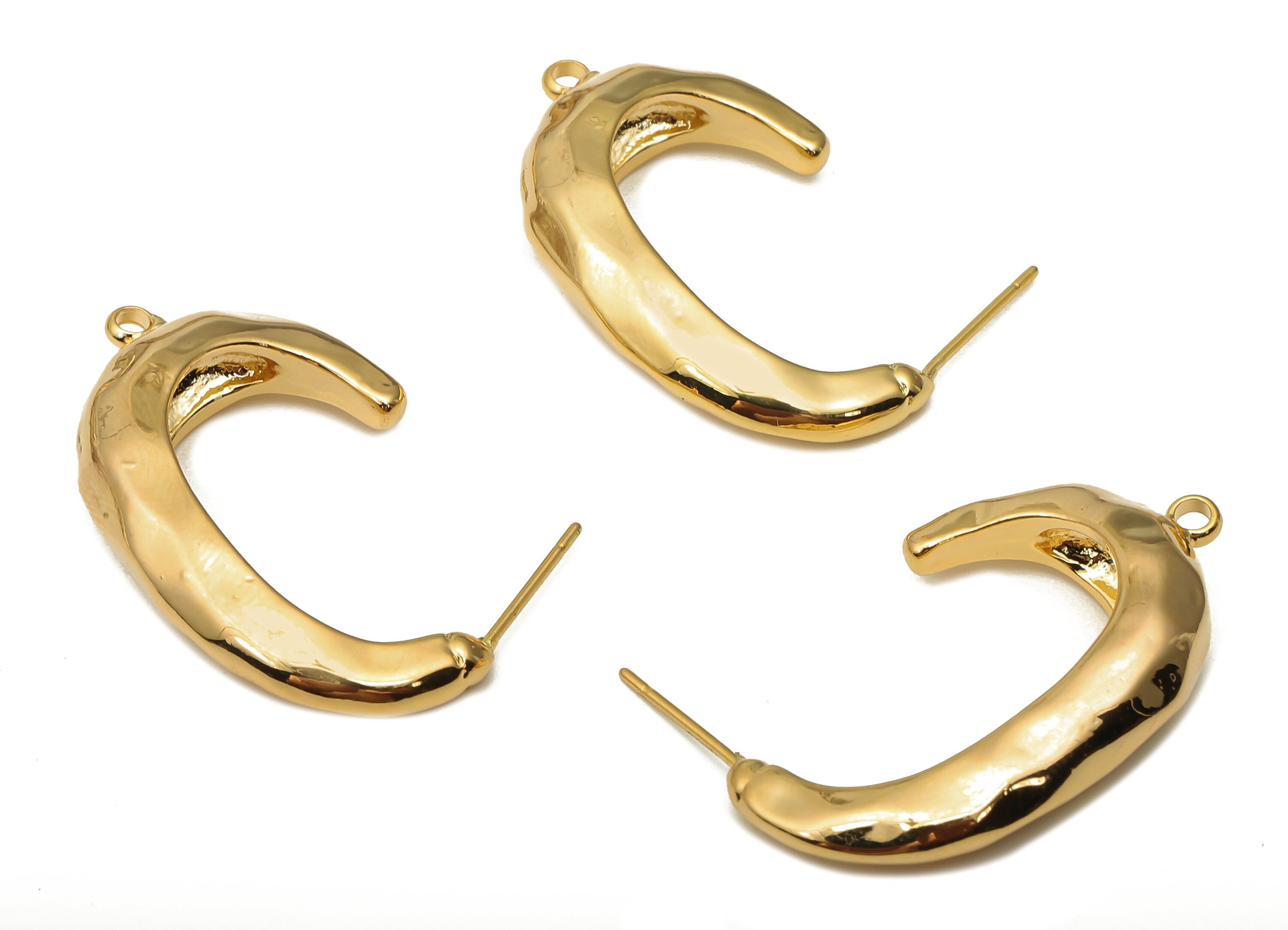 Brass Oval Earrings Post - Thick Hammered Earring With Loop - Stainless Steel C Stud - 18K Real Gold Plating -31.22x18.92x6.37mm - RGP5052 - DOMEDBAZAAR