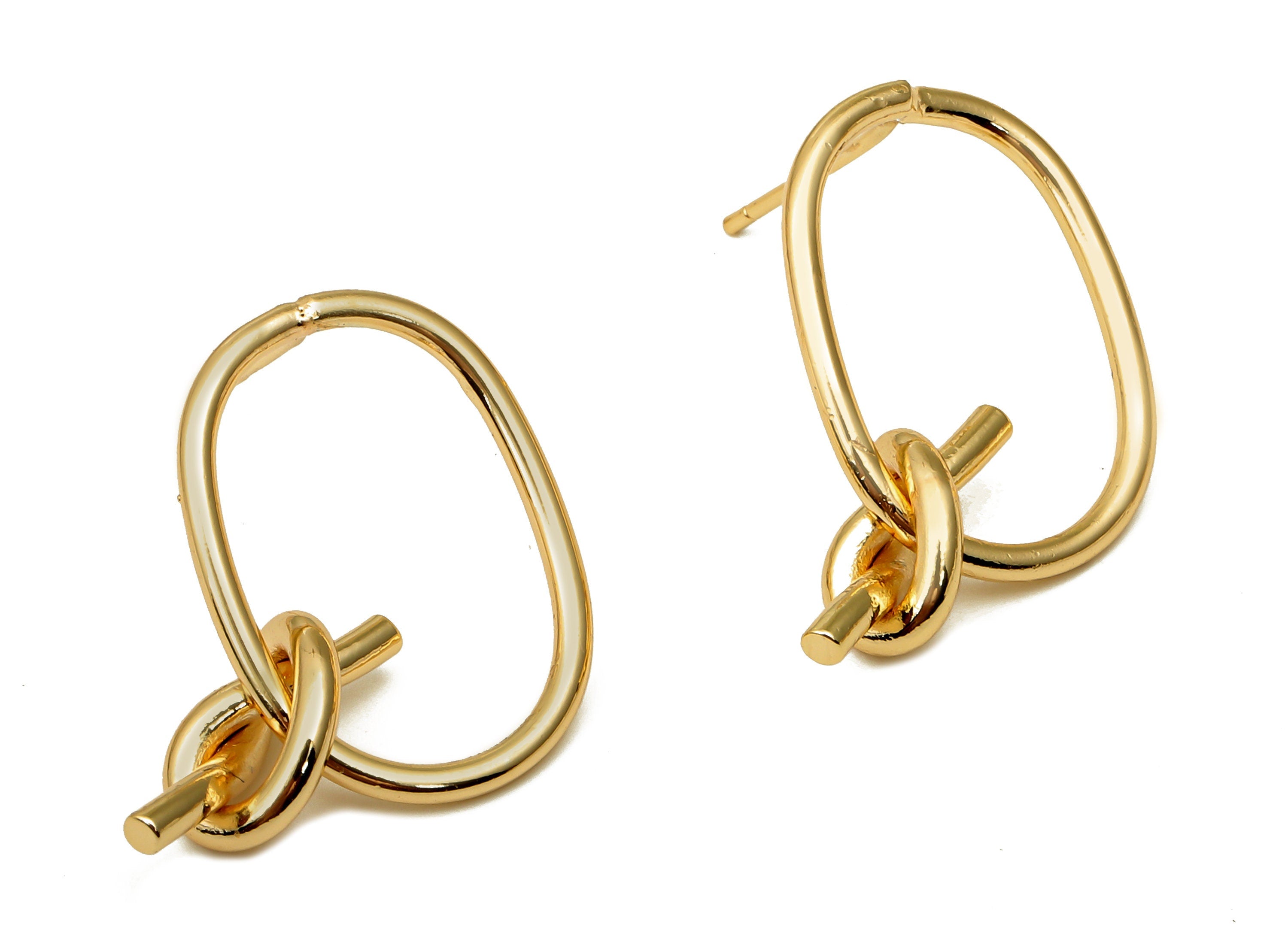 Brass Oval Earring Posts - Gold Knot Oval Earring - Brass Oval Stud With Knot - 18K Real Gold Plated Brass - 25.8x15x1.45mm - RGP5053 - DOMEDBAZAAR