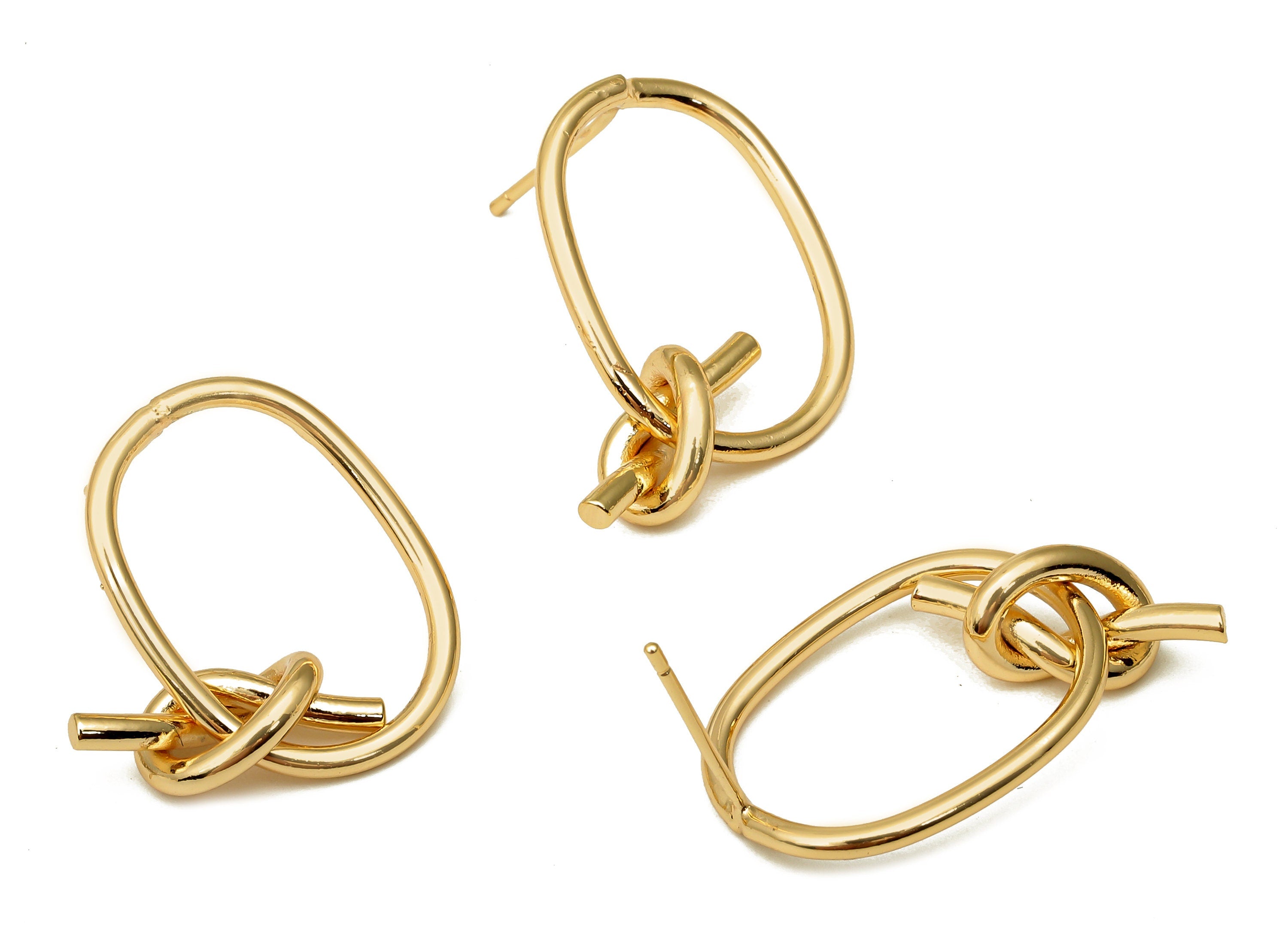 Brass Oval Earring Posts - Gold Knot Oval Earring - Brass Oval Stud With Knot - 18K Real Gold Plated Brass - 25.8x15x1.45mm - RGP5053 - DOMEDBAZAAR