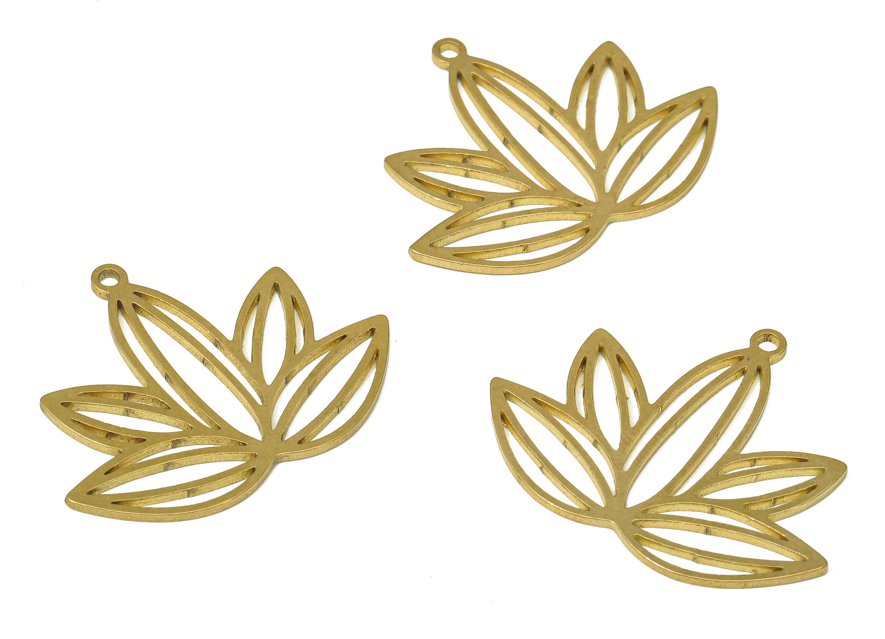 Brass Flower Earring Charms - Raw Brass Waterlily Cutout Pendant With Loop - For Necklace - Lotus Earring - 29.34x23.75x0.86mm - PPA4912 - DOMEDBAZAAR