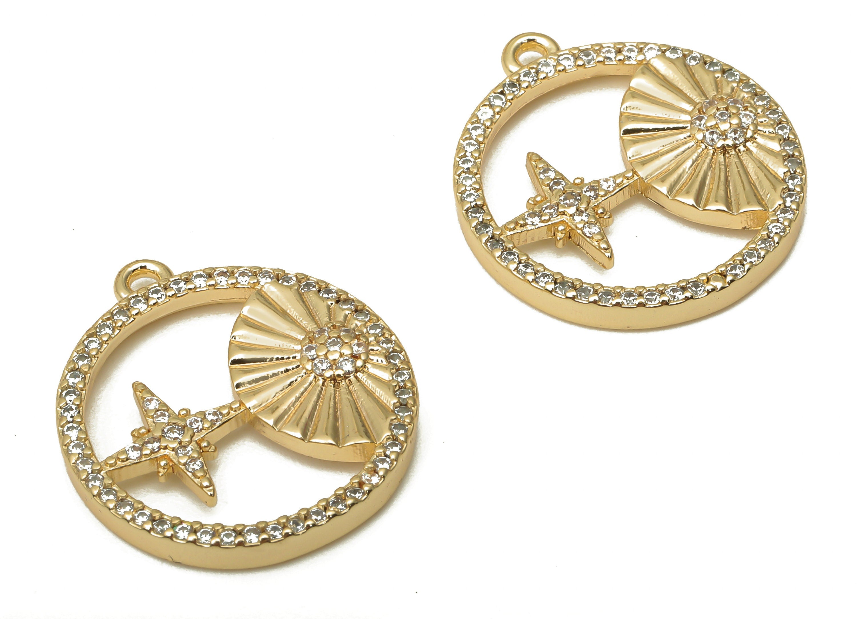 Brass Round Earrings With Zircon - Brass Half Sun Pendant - North Star Hoop Earring - 18K Real Gold Plating - 22.33x19.58x2.54mm - RGP5065 - DOMEDBAZAAR