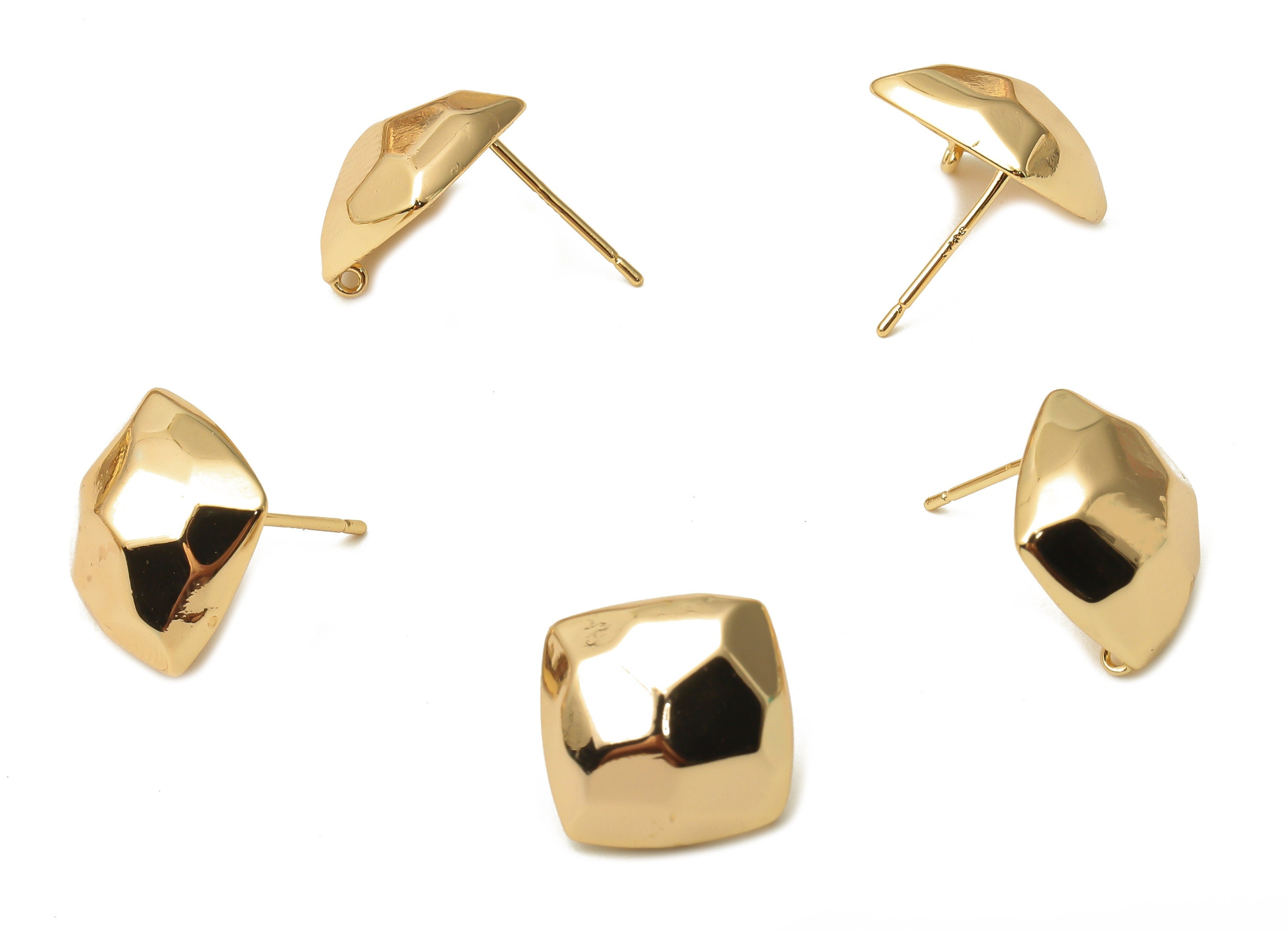Brass Square Earrings Posts - Faceted Square Earring With Loop - 925 Silver Stud - 18K Real Gold Plated Brass - 16.02x15.5x0.94mm - RGP5066 - DOMEDBAZAAR