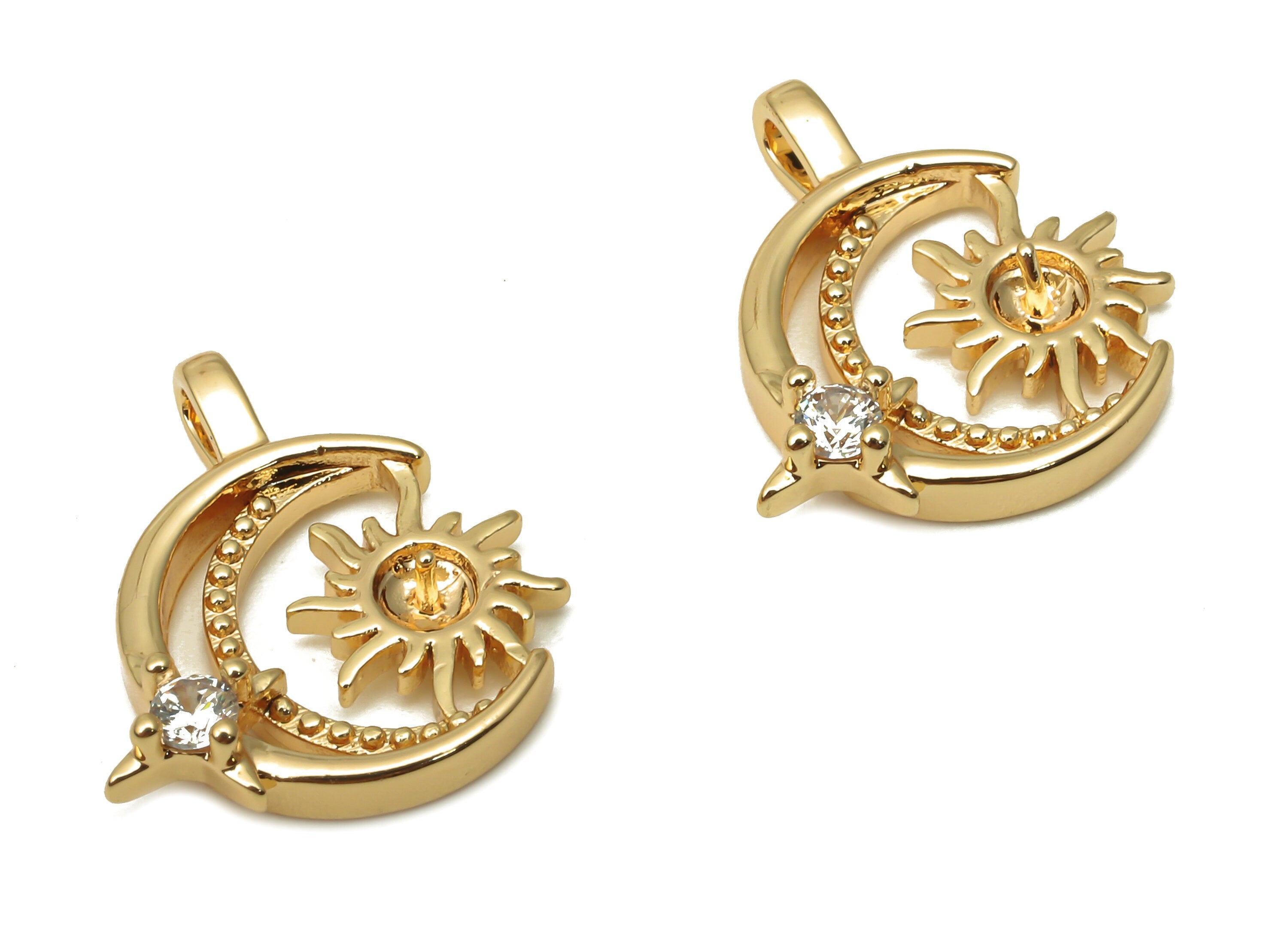 Brass Crescent Moon Earrings with Zircon - Brass Sun Pendant - 18K Real Gold Plated Brass - 16.67x14.95x2.22mm - RGP5078 - DOMEDBAZAAR