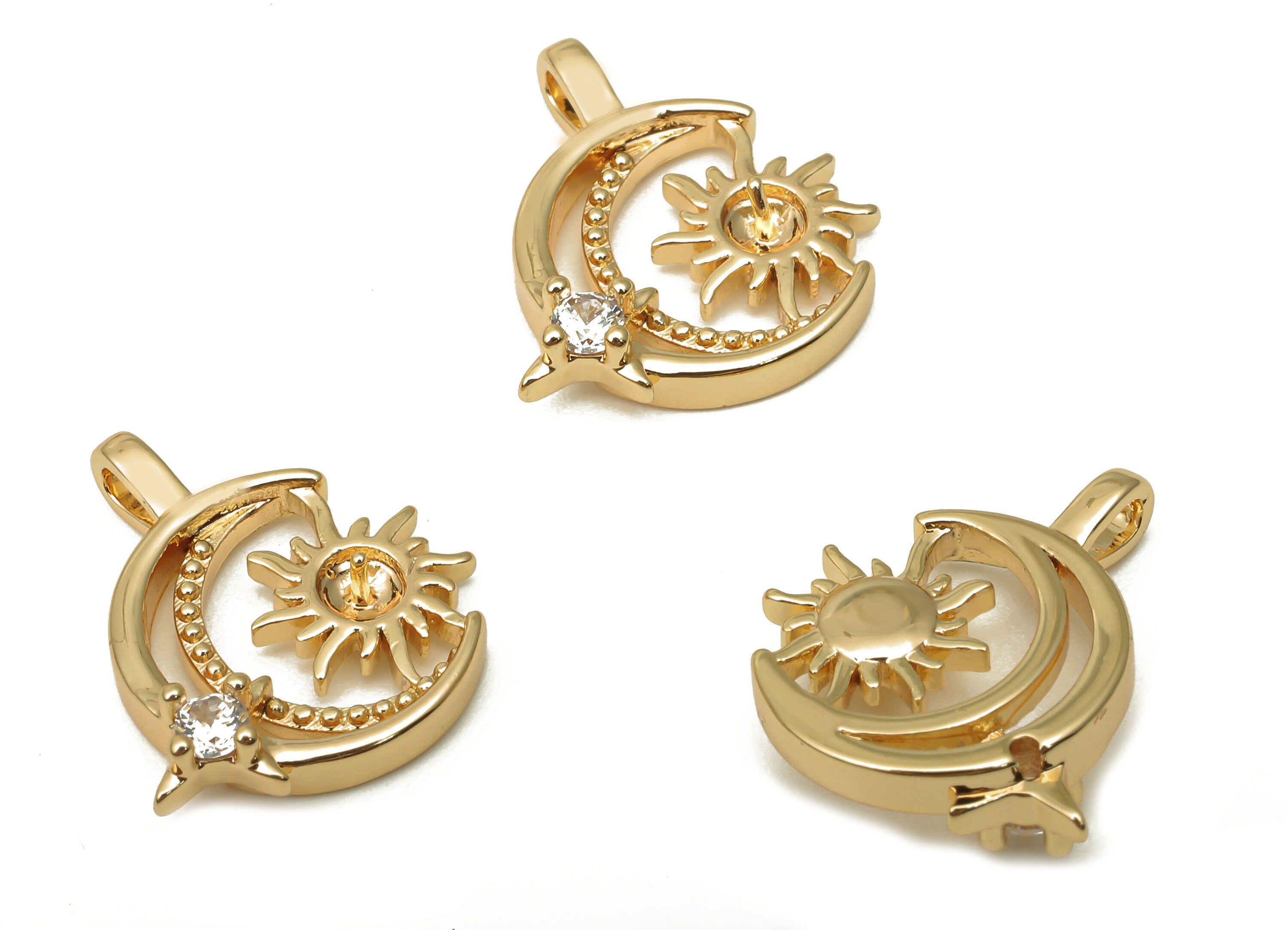 Brass Crescent Moon Earrings with Zircon - Brass Sun Pendant - 18K Real Gold Plated Brass - 16.67x14.95x2.22mm - RGP5078 - DOMEDBAZAAR