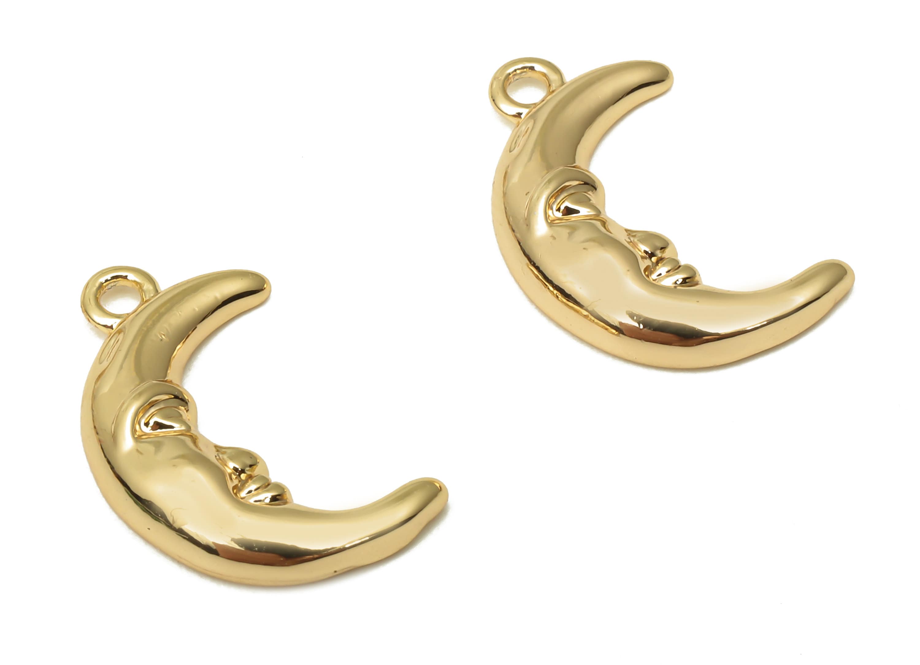 Brass Crescent Moon Face Earrings Charm - Brass Face Pendant - Brass Earrings - 18K Real Gold Plated Brass - 14.98x19.24x2.69mm - RGP5079 - DOMEDBAZAAR