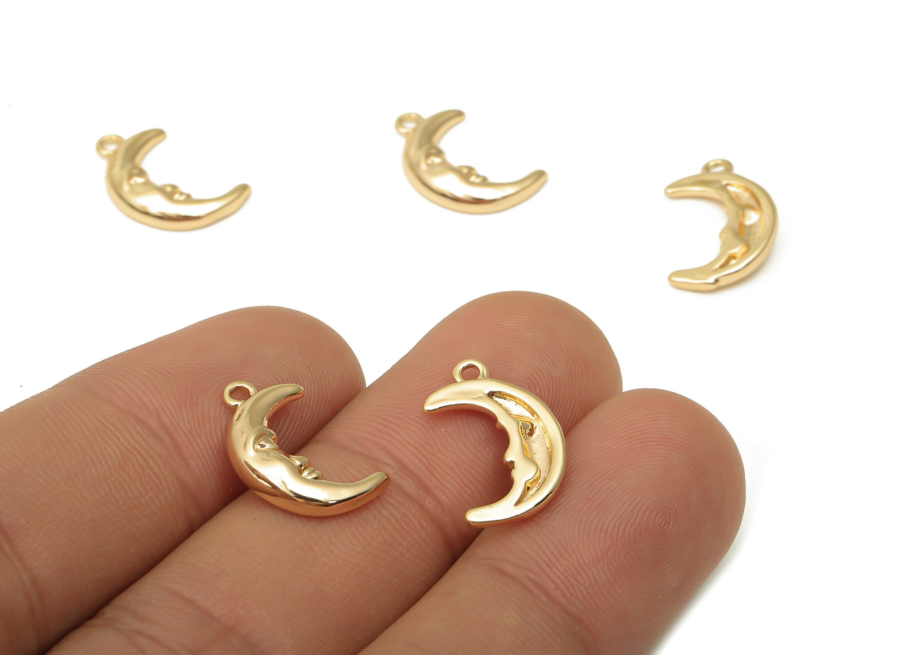 Brass Crescent Moon Face Earrings Charm - Brass Face Pendant - Brass Earrings - 18K Real Gold Plated Brass - 14.98x19.24x2.69mm - RGP5079 - DOMEDBAZAAR