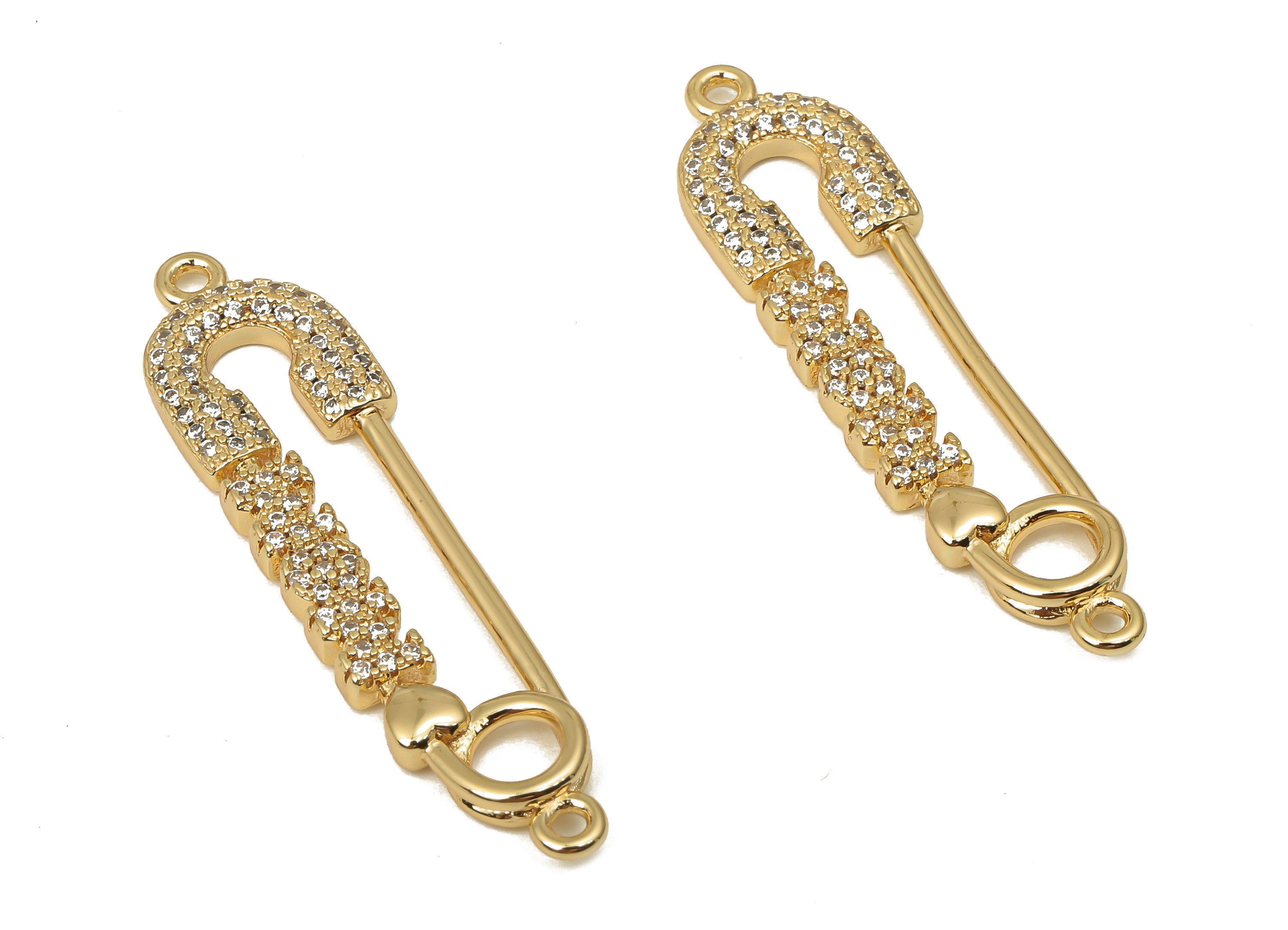 Brass Safety Pin Connectors With Zircons - Brass Pin Earrings - Brass connectors - 18K Real Gold Plated Brass - 40.6x10.25x2.23mm - RGP5082 - DOMEDBAZAAR