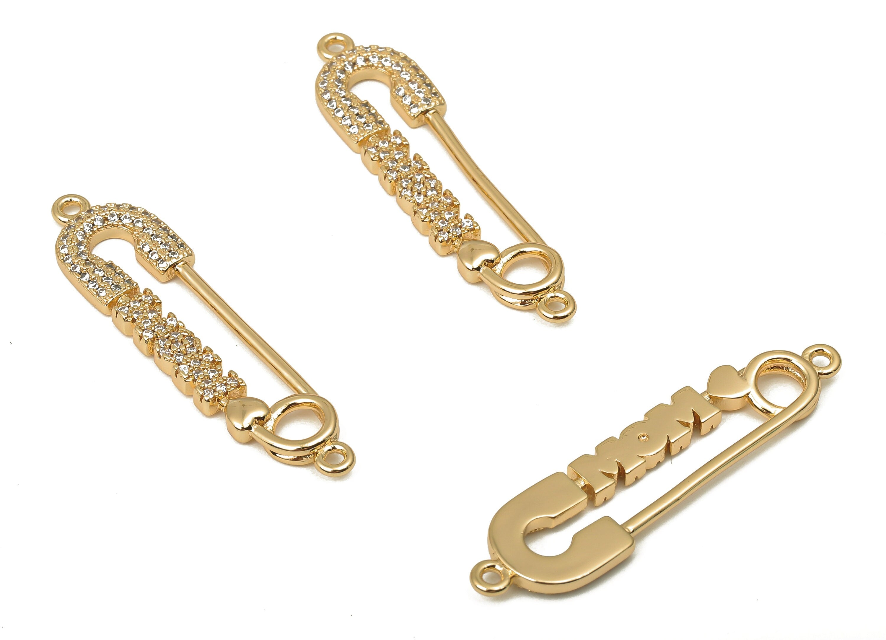 Brass Safety Pin Connectors With Zircons - Brass Pin Earrings - Brass connectors - 18K Real Gold Plated Brass - 40.6x10.25x2.23mm - RGP5082 - DOMEDBAZAAR