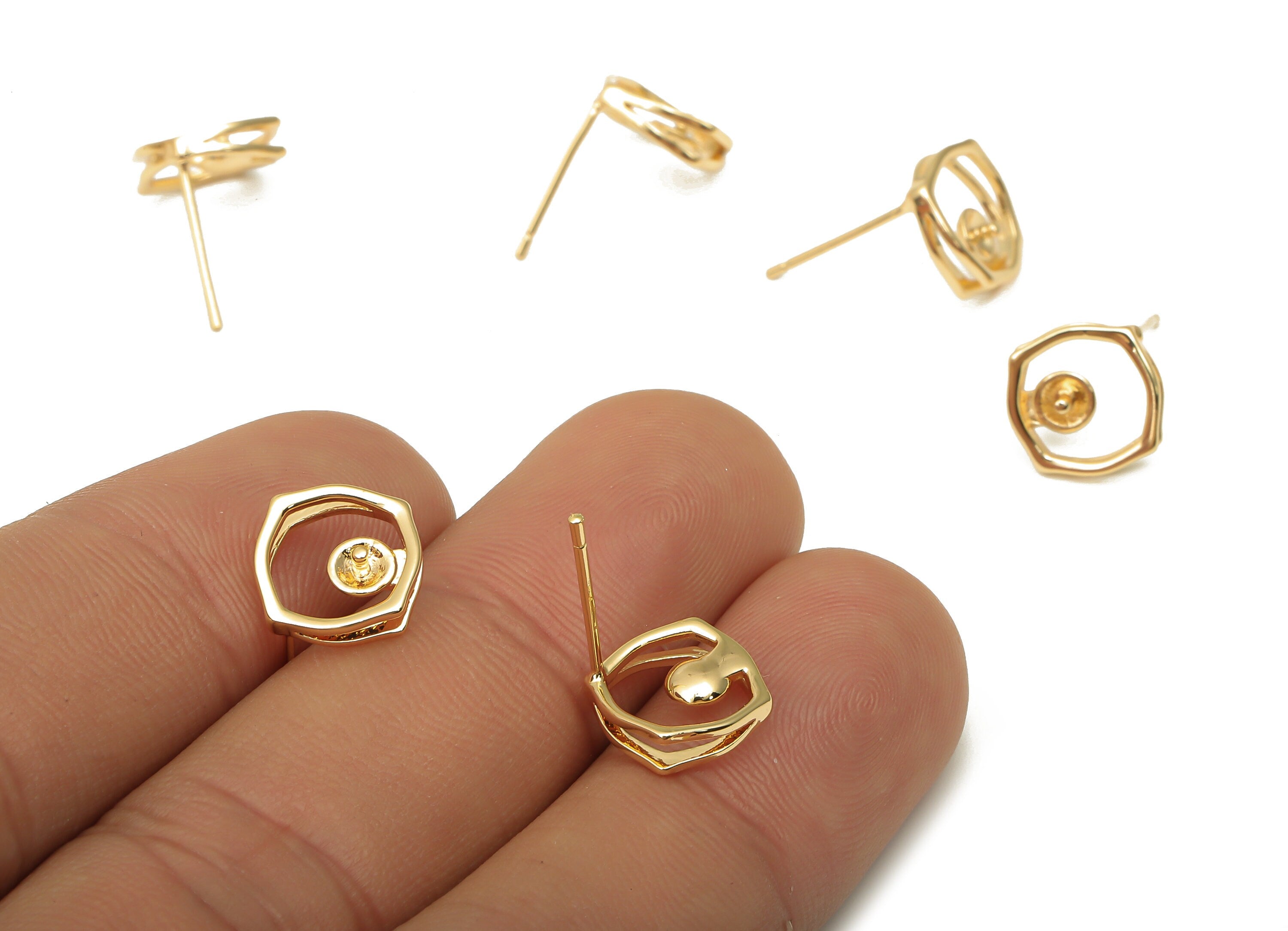 Brass Silver Earrings Stud - Brass Octagon Earring Post For Pearl - 925 Brass Silver Stud -18K Real Gold Plating - 11.1x9.97x1.7mm - RGP5084 - DOMEDBAZAAR
