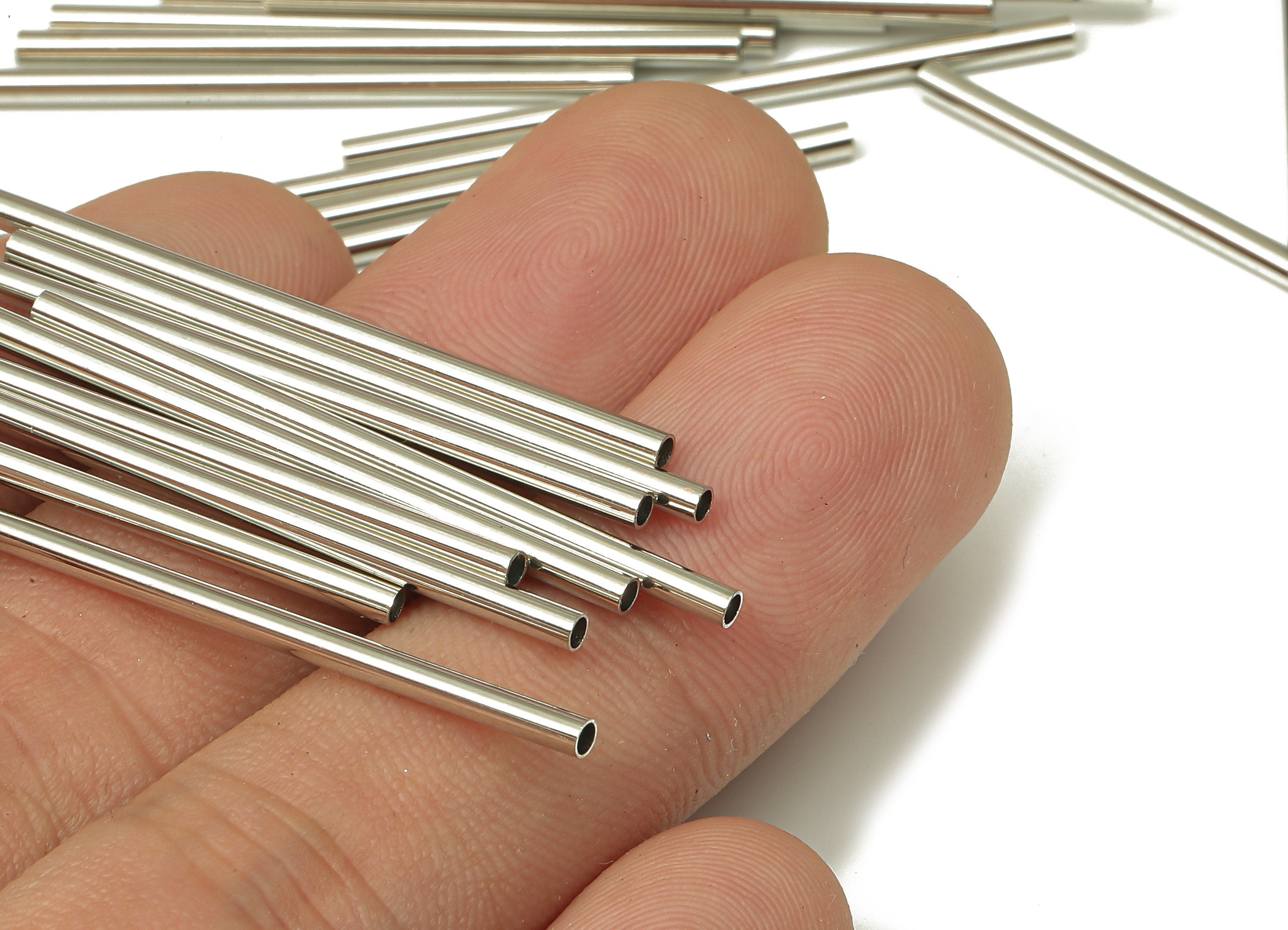 Silver Tone Himmeli Tubes - Brass Round Himmeli DIY Tube Beads - Circle Pipes for Geometric - For Air Plants - 2x0.2x40mm - PP4568S-40 - DOMEDBAZAAR