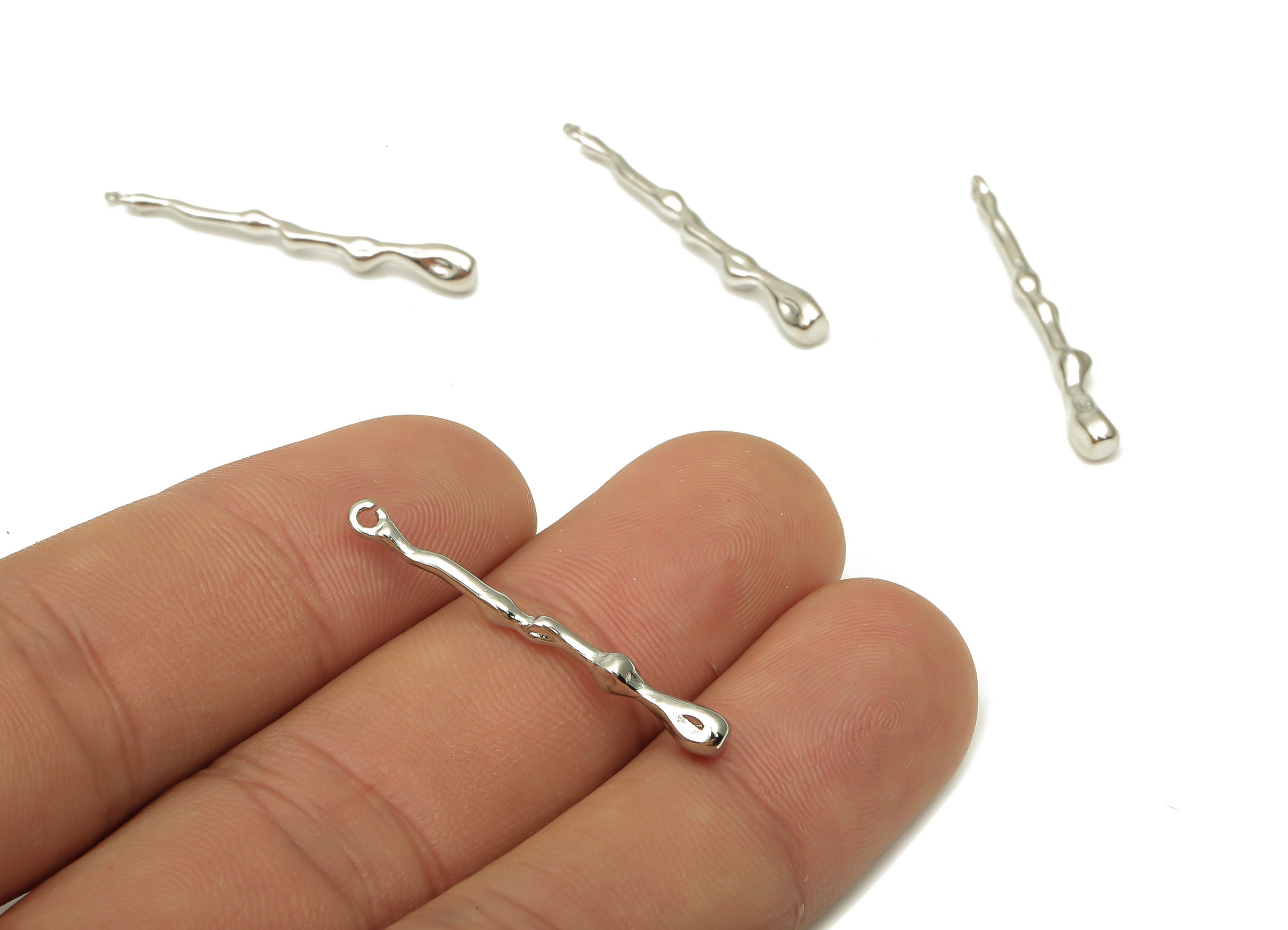Brass Melting Long Bar Earring - Brass Irregular Earring - Brass Long Charm - 18K Real Gold White Plated Brass -30.82x3.36x3.36mm - RGP5110S - DOMEDBAZAAR