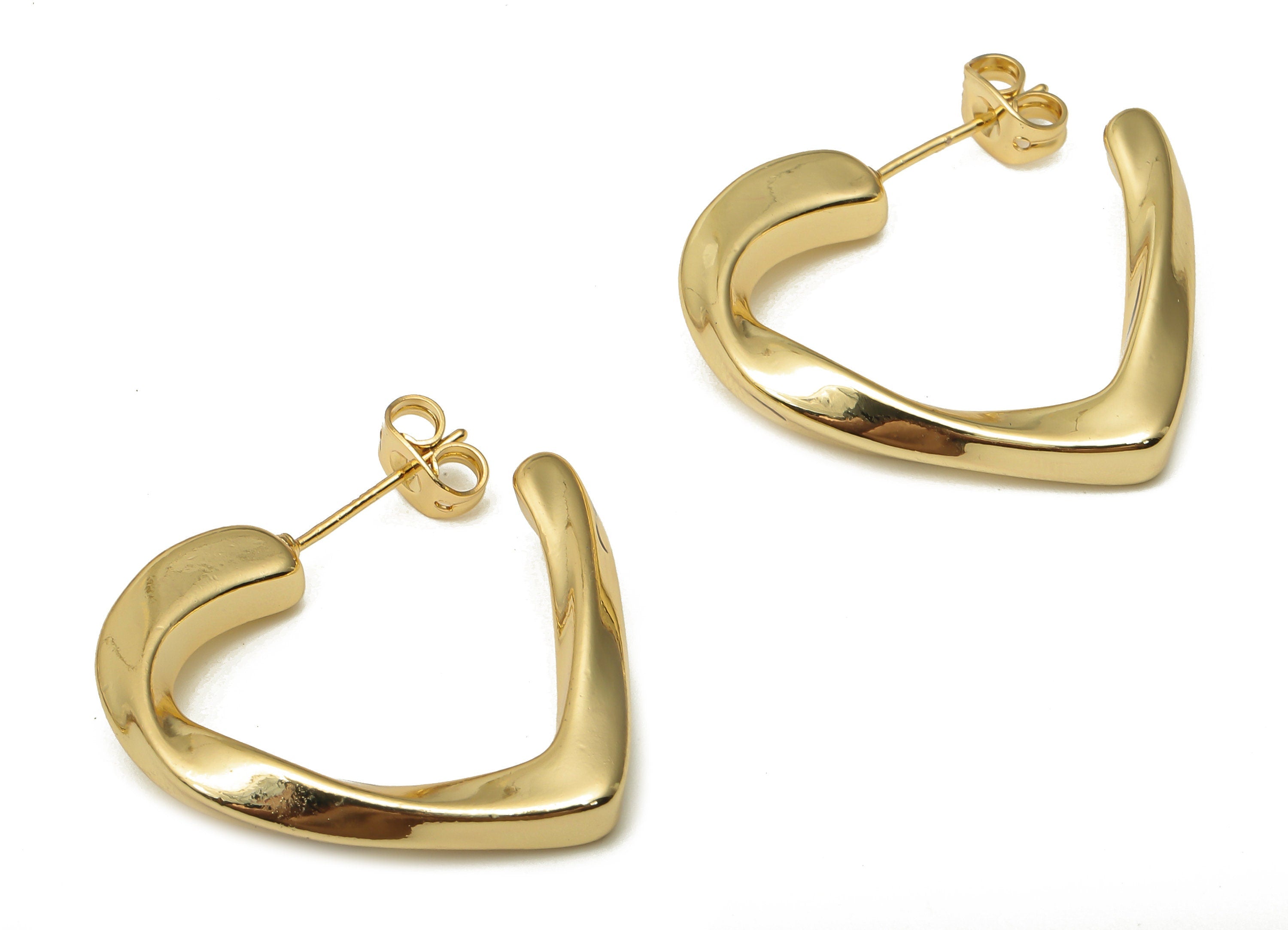 Brass Heart Earring Posts - Brass Gold Open Heart Hoop Earring Stud - 18K Real Gold Plating - 925 Silver Stud - 28.48x23.28x4.22mm - RGP5113 - DOMEDBAZAAR