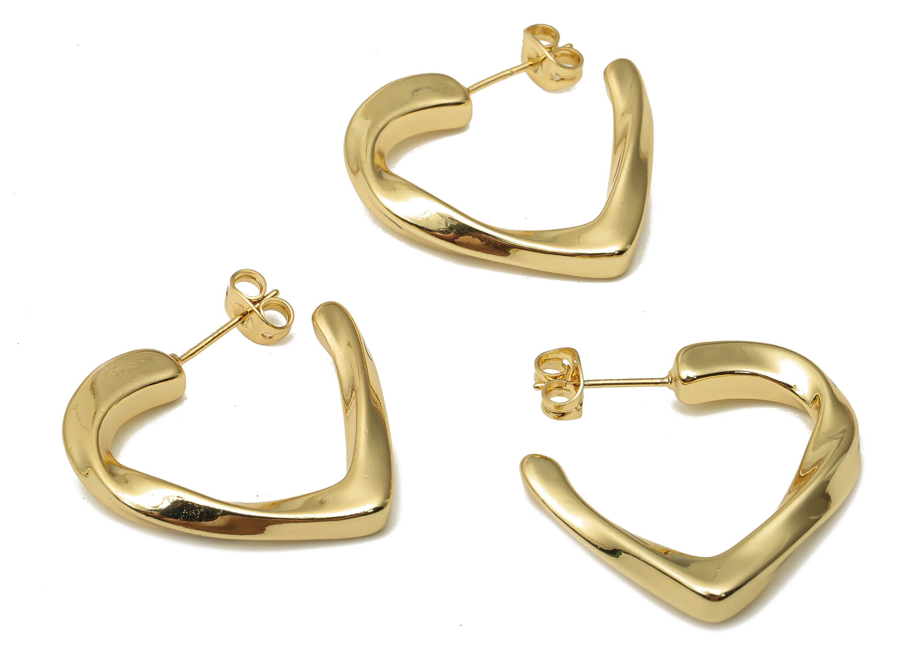 Brass Heart Earring Posts - Brass Gold Open Heart Hoop Earring Stud - 18K Real Gold Plating - 925 Silver Stud - 28.48x23.28x4.22mm - RGP5113 - DOMEDBAZAAR