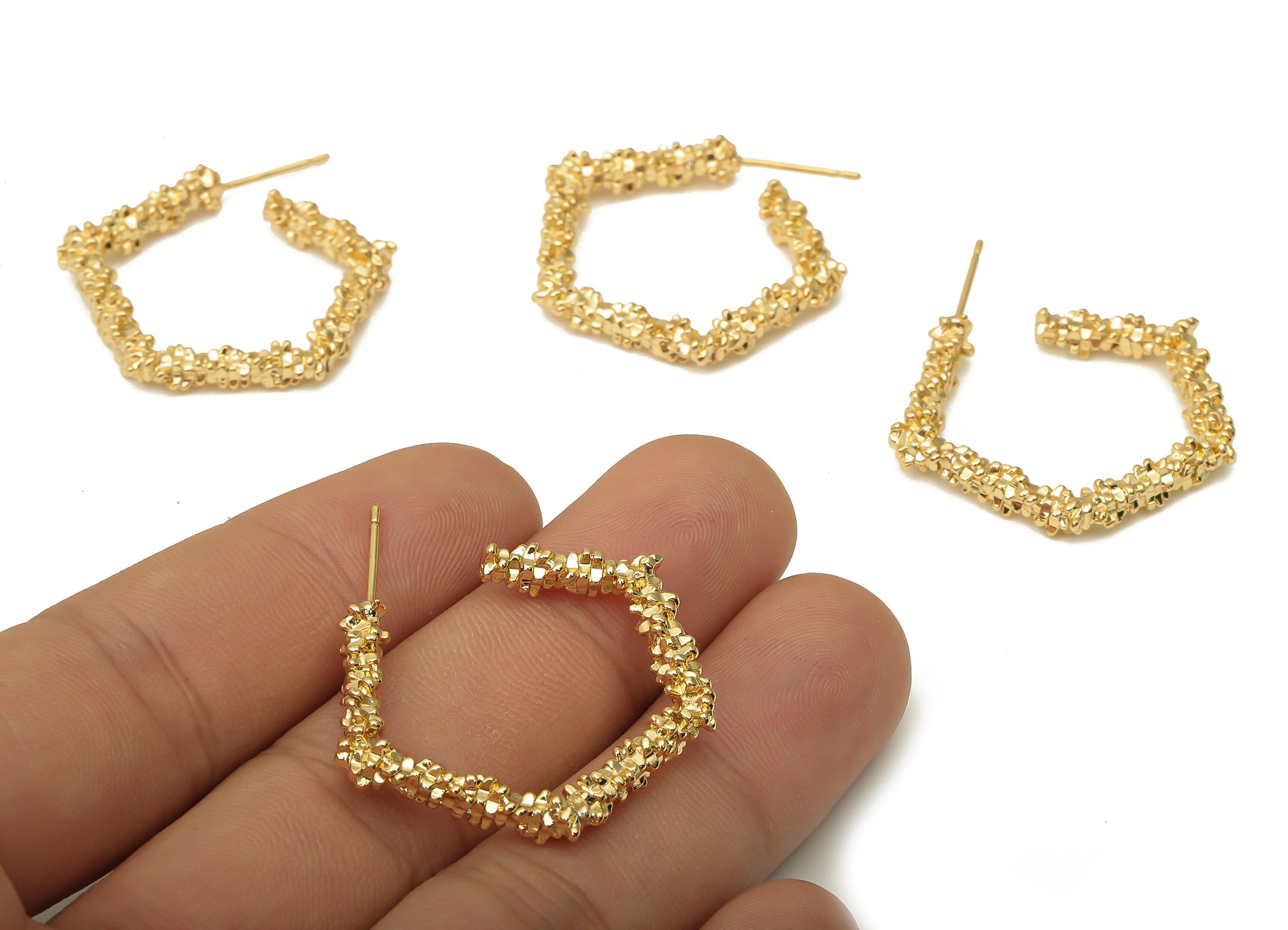 Brass Pentagon Earring Posts - Gold Hexagon Open Hoop Earring - 925 Silver Stud - 18K Real Gold Plating - 32.6x29.35x3.41mm - RGP5116 - DOMEDBAZAAR