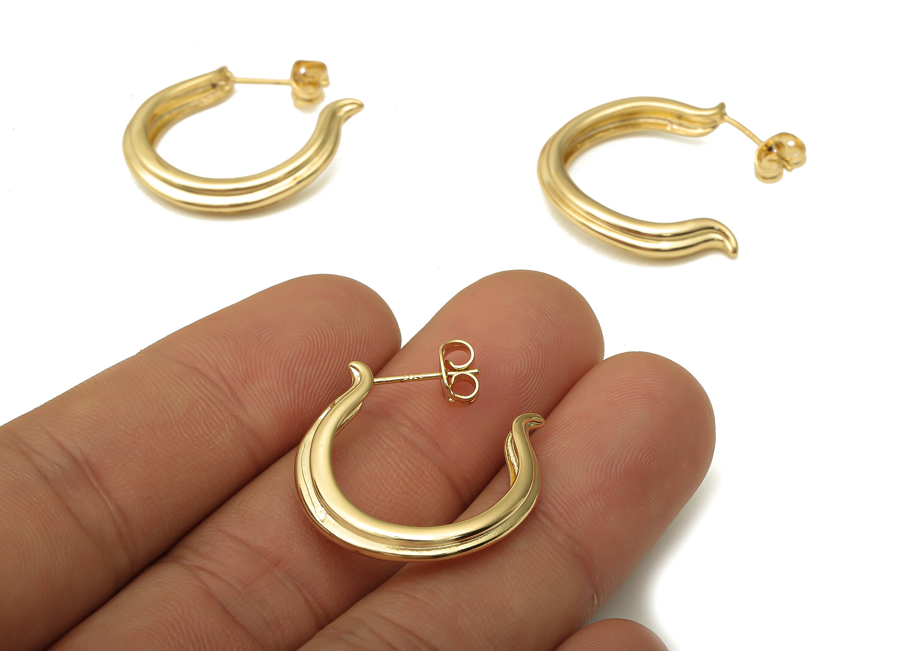 Brass Omega Sign Earring Posts - Brass C Stud - 925 Silver Stud - Brass C Posts - 18K Real Gold Plated Brass - 24.29x21.18x4.45mm - RGP5119 - DOMEDBAZAAR