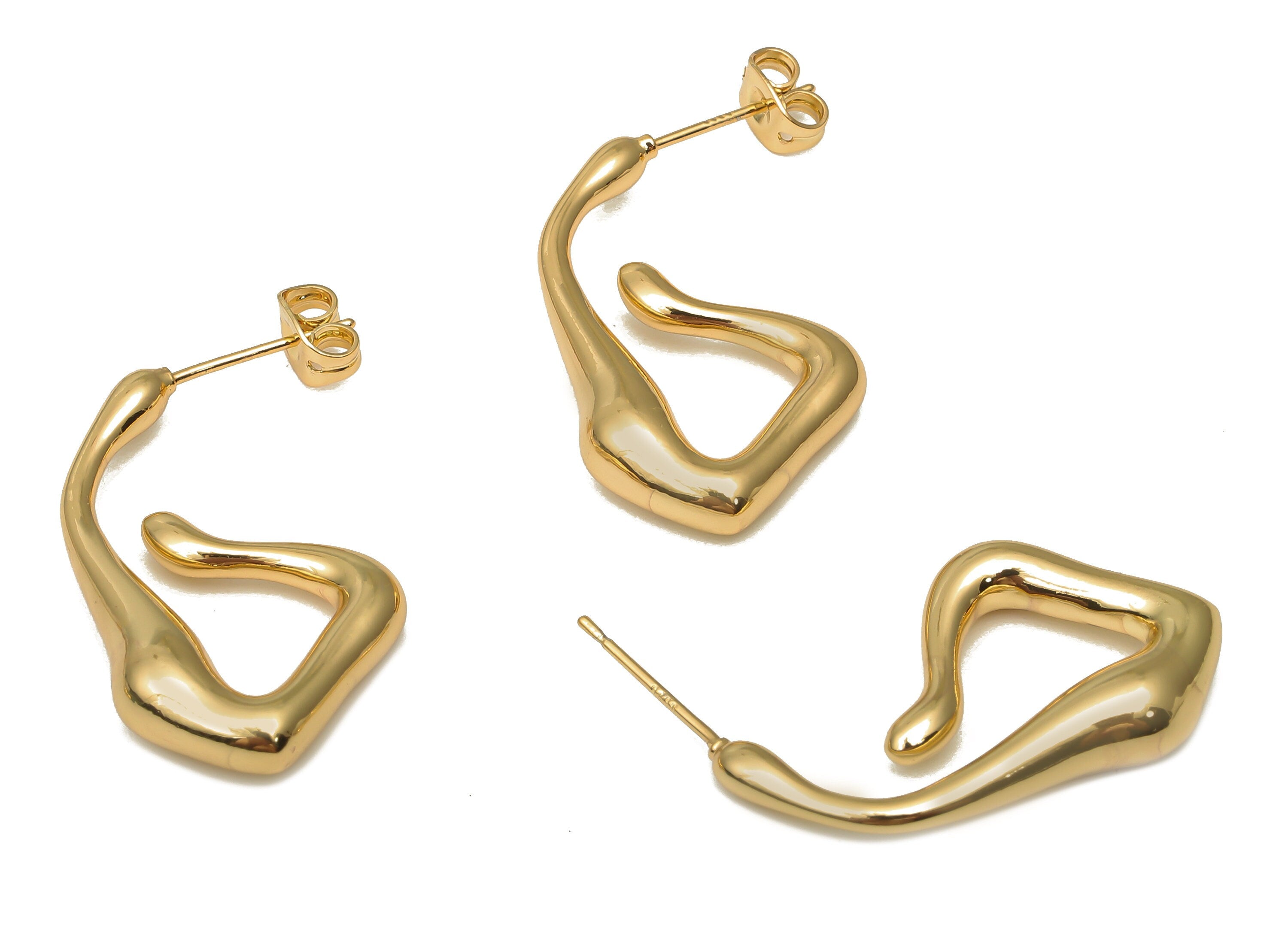 Brass Irregular Earring Posts - Brass Triangle Melting Earring Stud - 18K Real Gold Plating - 925 Silver Stud - 29.54x17.7x5.66mm - RGP5120 - DOMEDBAZAAR